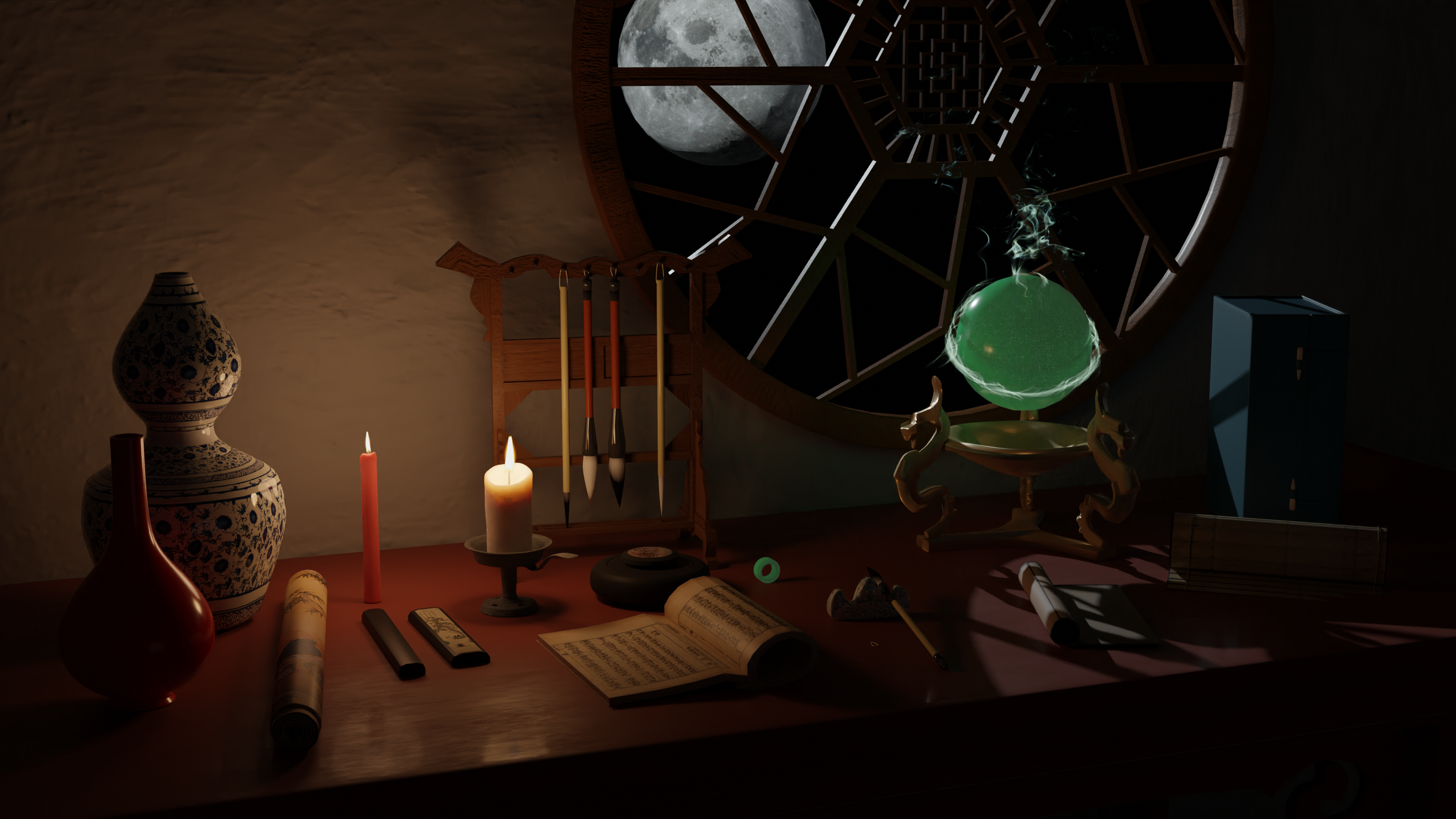 Ancient Chinese desk with candles and moonlit window HD Wallpaper