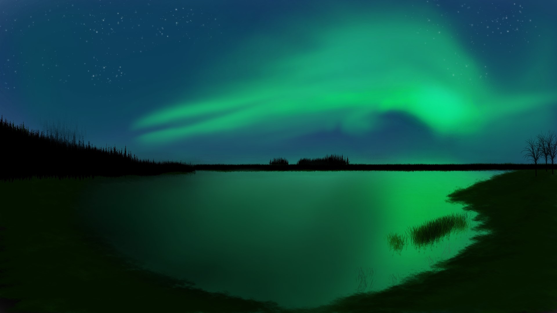 Aurora Borealis over a lake with trees HD Wallpaper