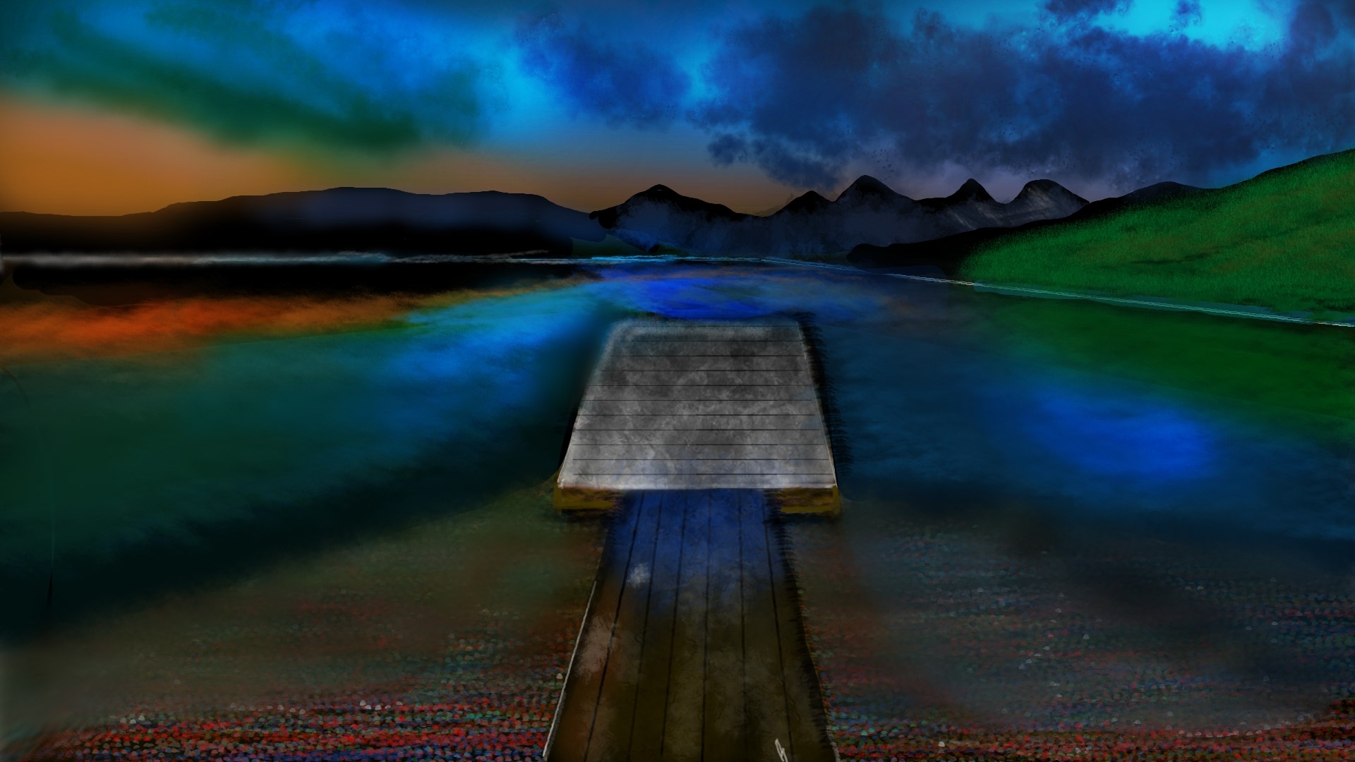 Digital painting of a dock on a lake at dusk HD Wallpaper