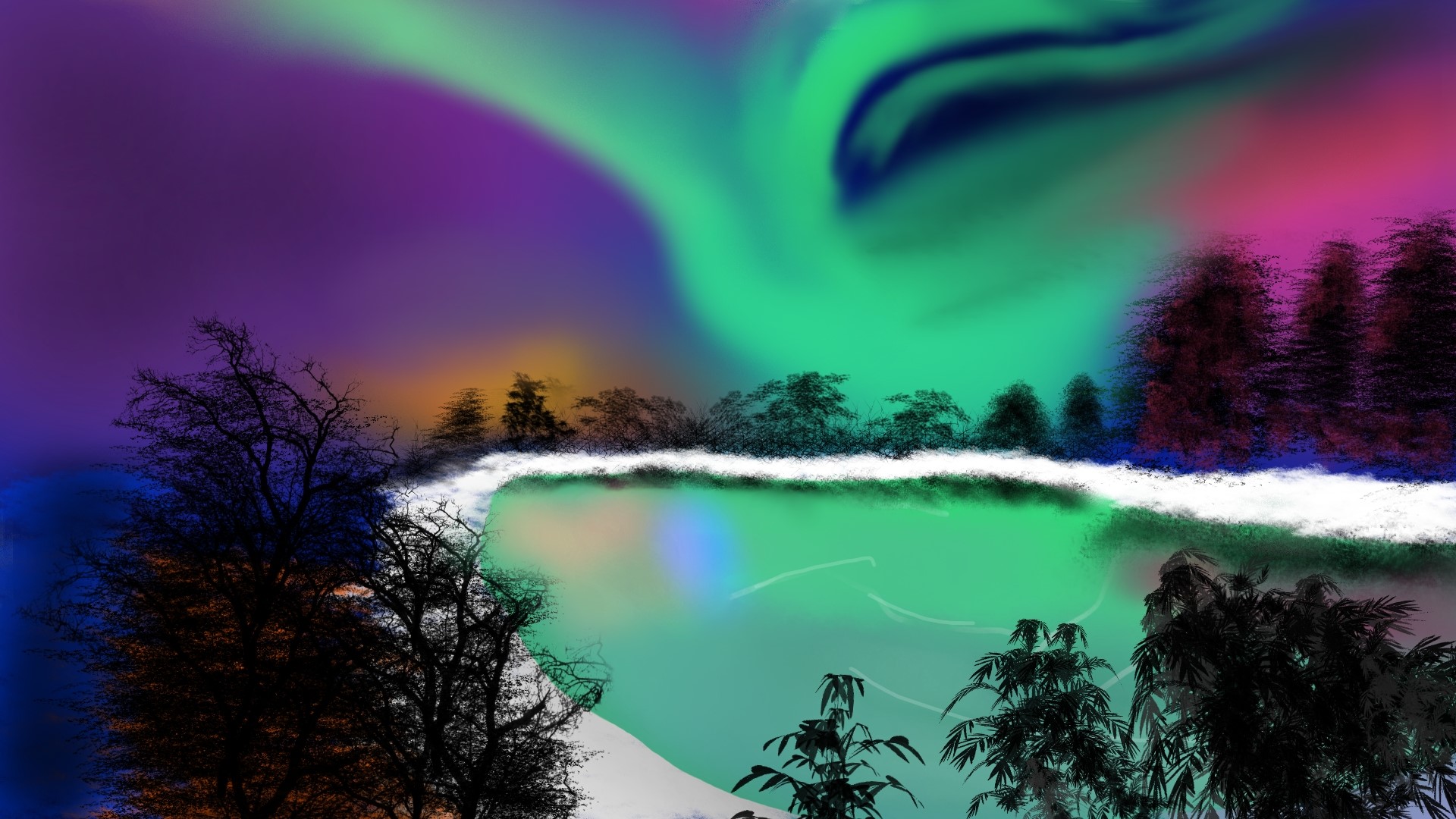 Digital painting of a surreal landscape with aurora borealis HD Wallpaper