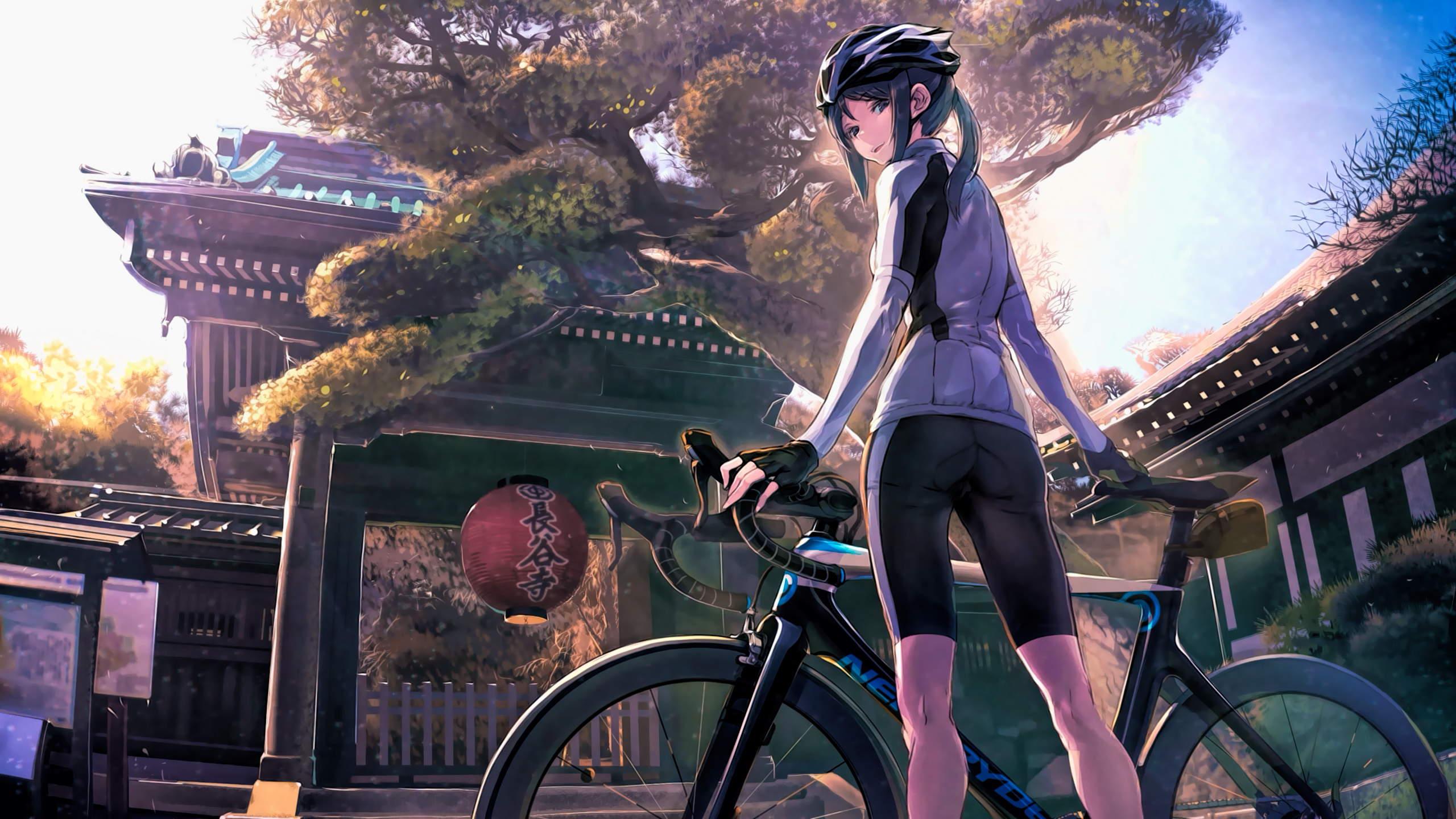 Girl with bicycle in front of Japanese temple HD Wallpaper