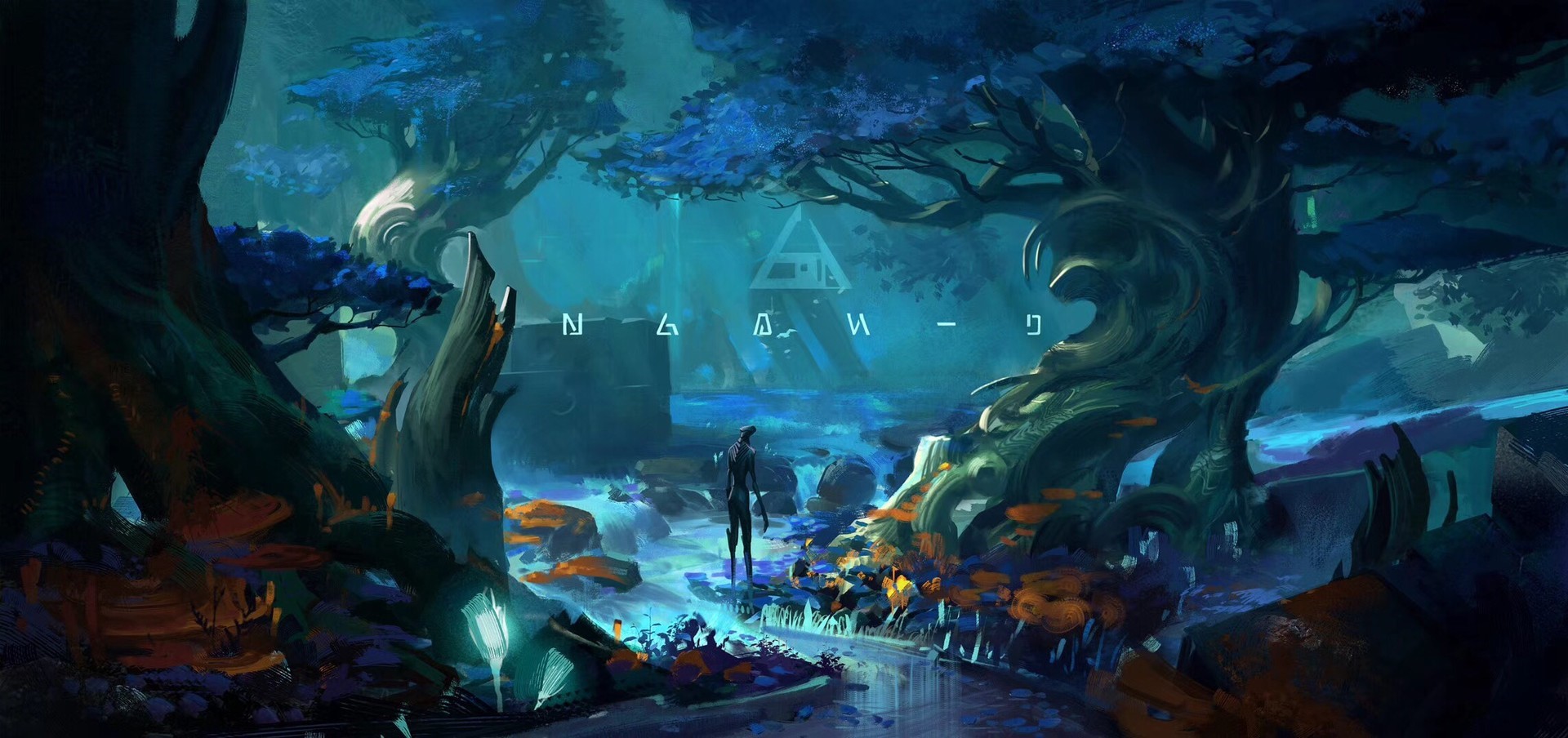 Fantasy art of a figure in a glowing forest with a river HD Wallpaper