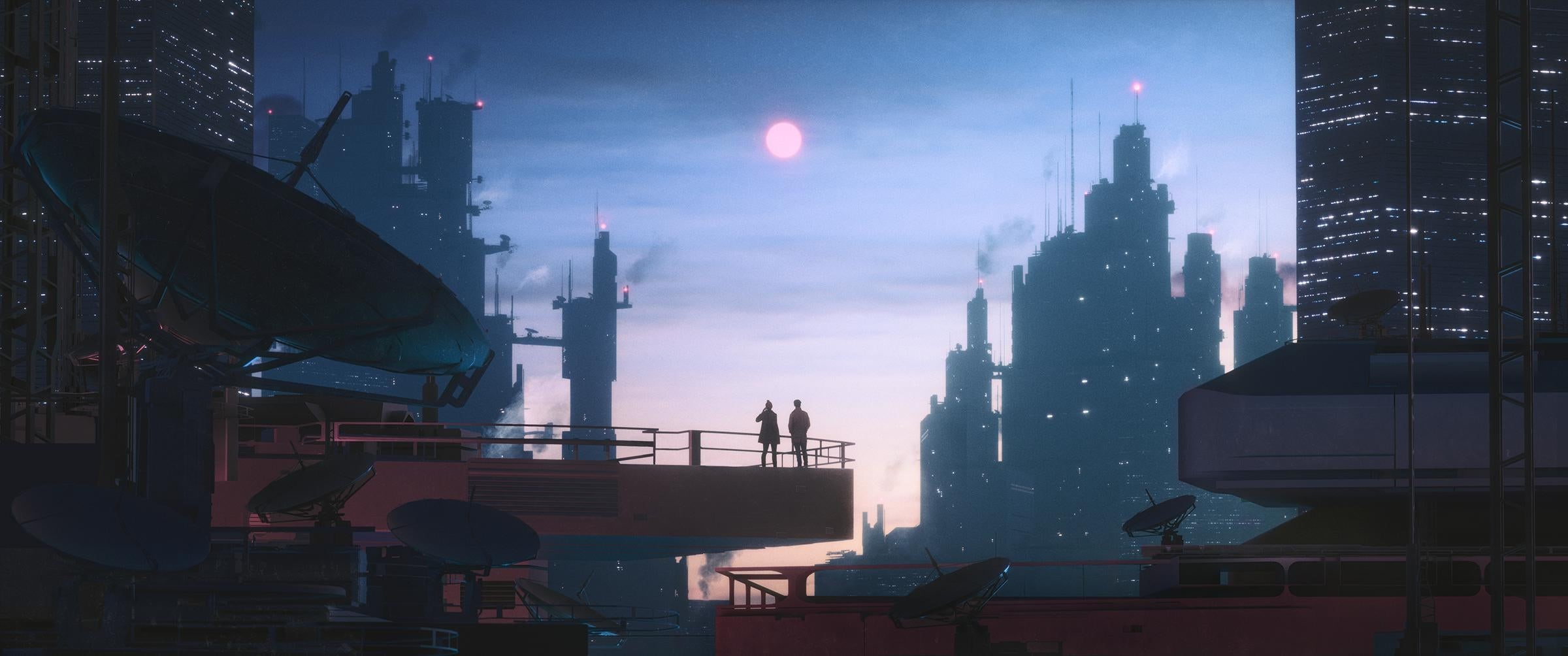 Couple overlooking a futuristic cityscape at sunset HD Wallpaper