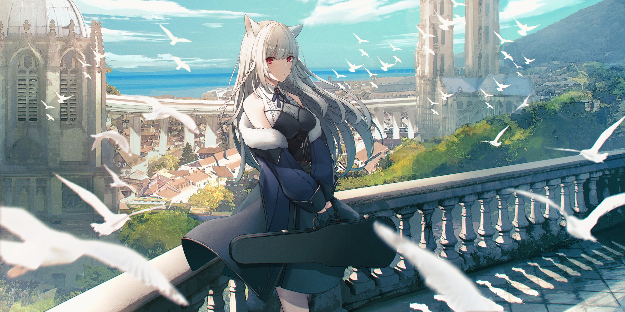 Anime girl with animal ears and silver hair holding a violin case HD Wallpaper