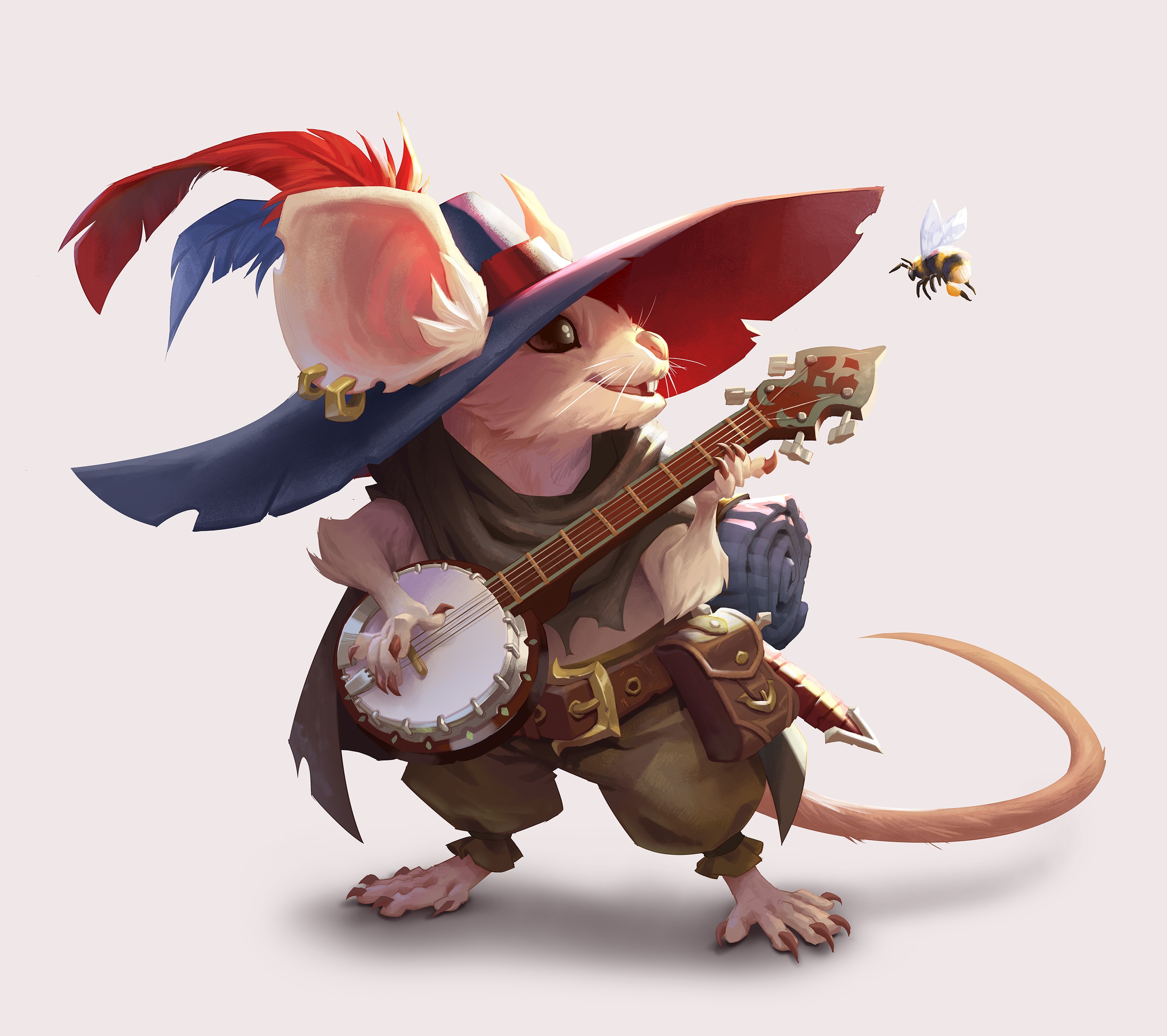 Mouse playing banjo with a bee nearby HD Wallpaper