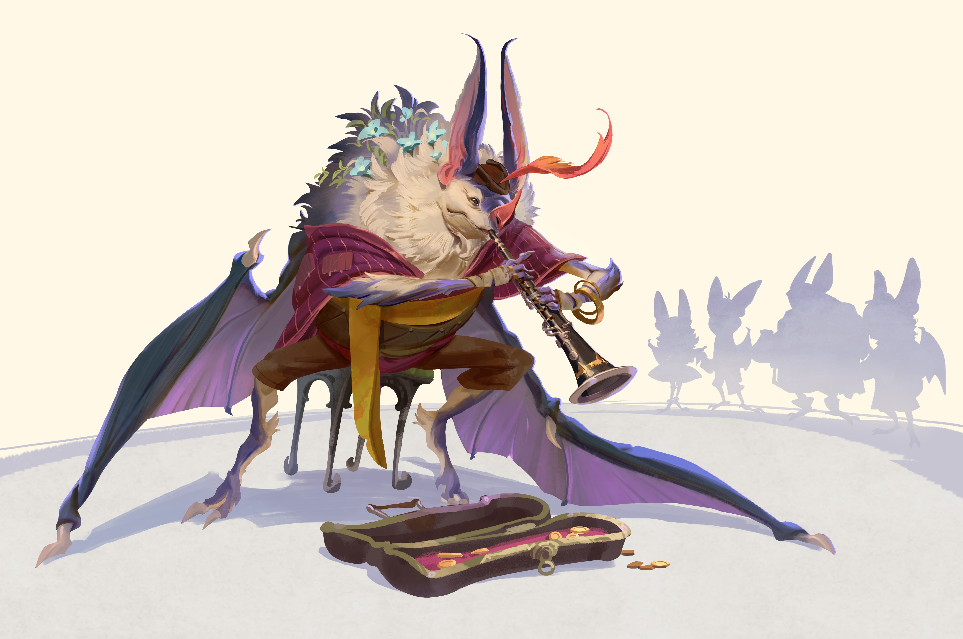 Fantasy bat musician playing clarinet with audience HD Wallpaper