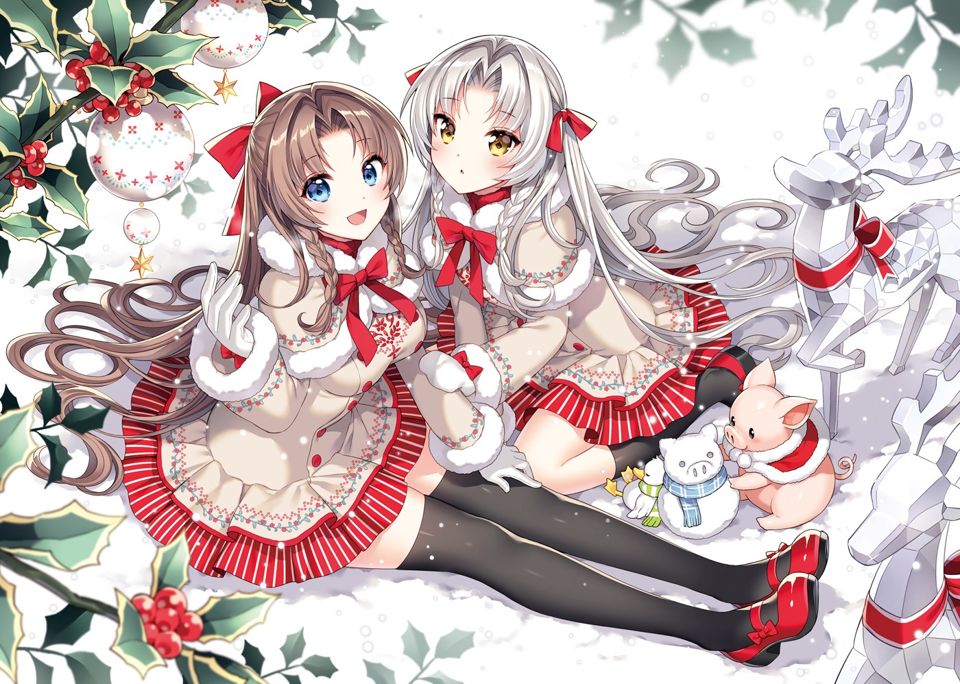 Anime girls in winter outfits with Christmas decorations HD Wallpaper
