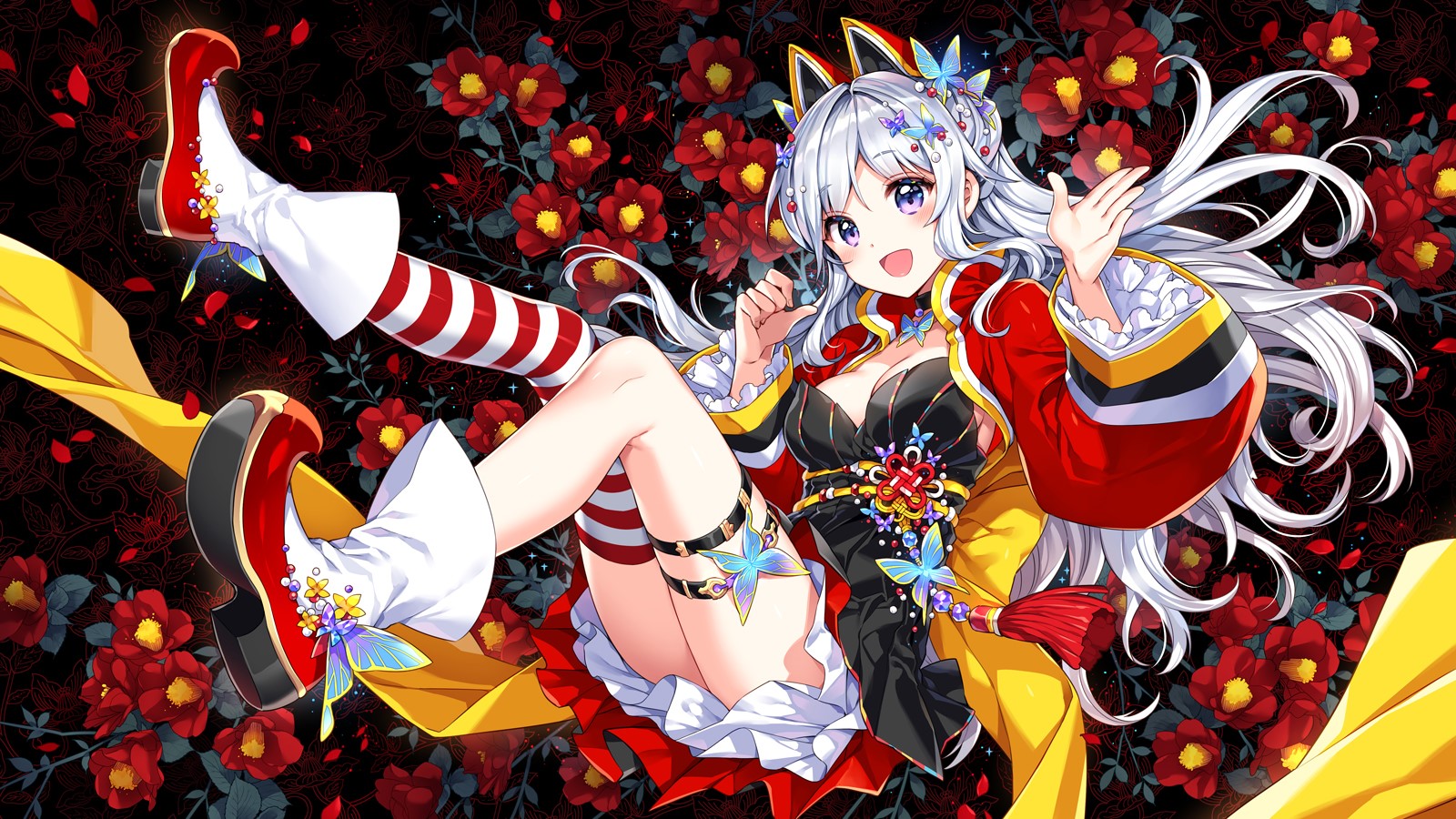 Anime girl with silver hair and red dress HD Wallpaper