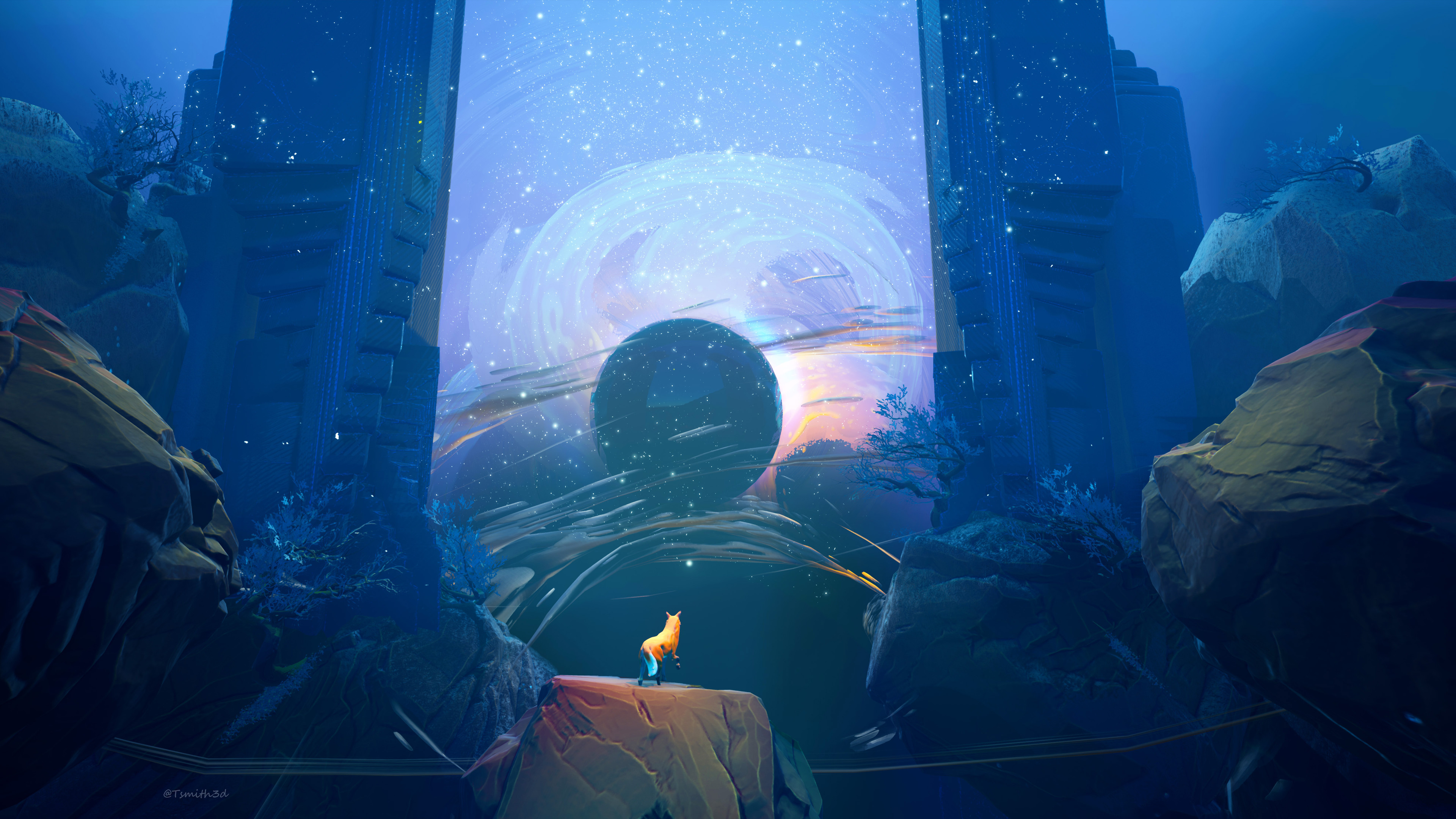 Fox looking at a cosmic sphere in a fantasy landscape HD Wallpaper