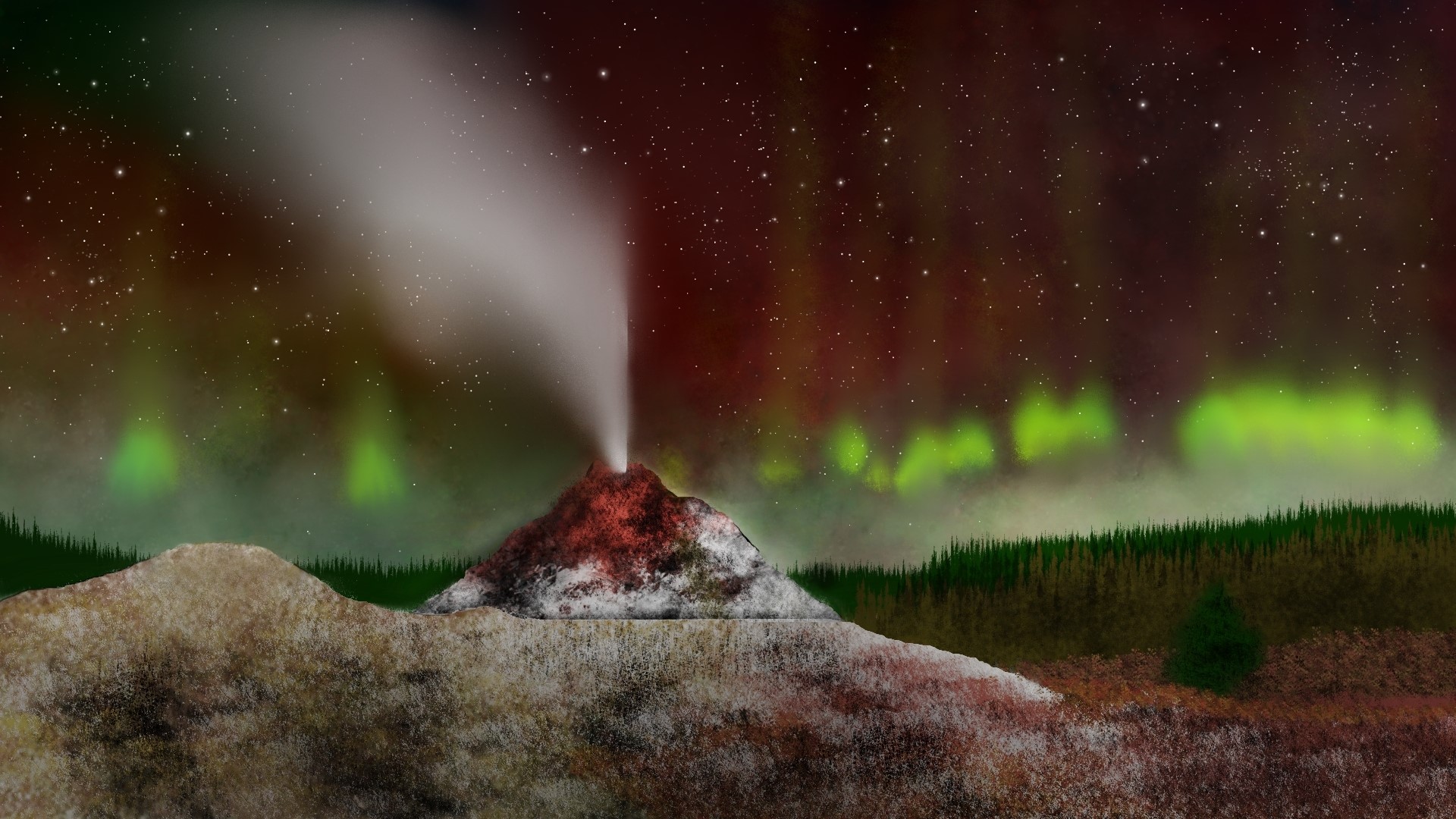 Volcano erupting under the aurora borealis at night HD Wallpaper