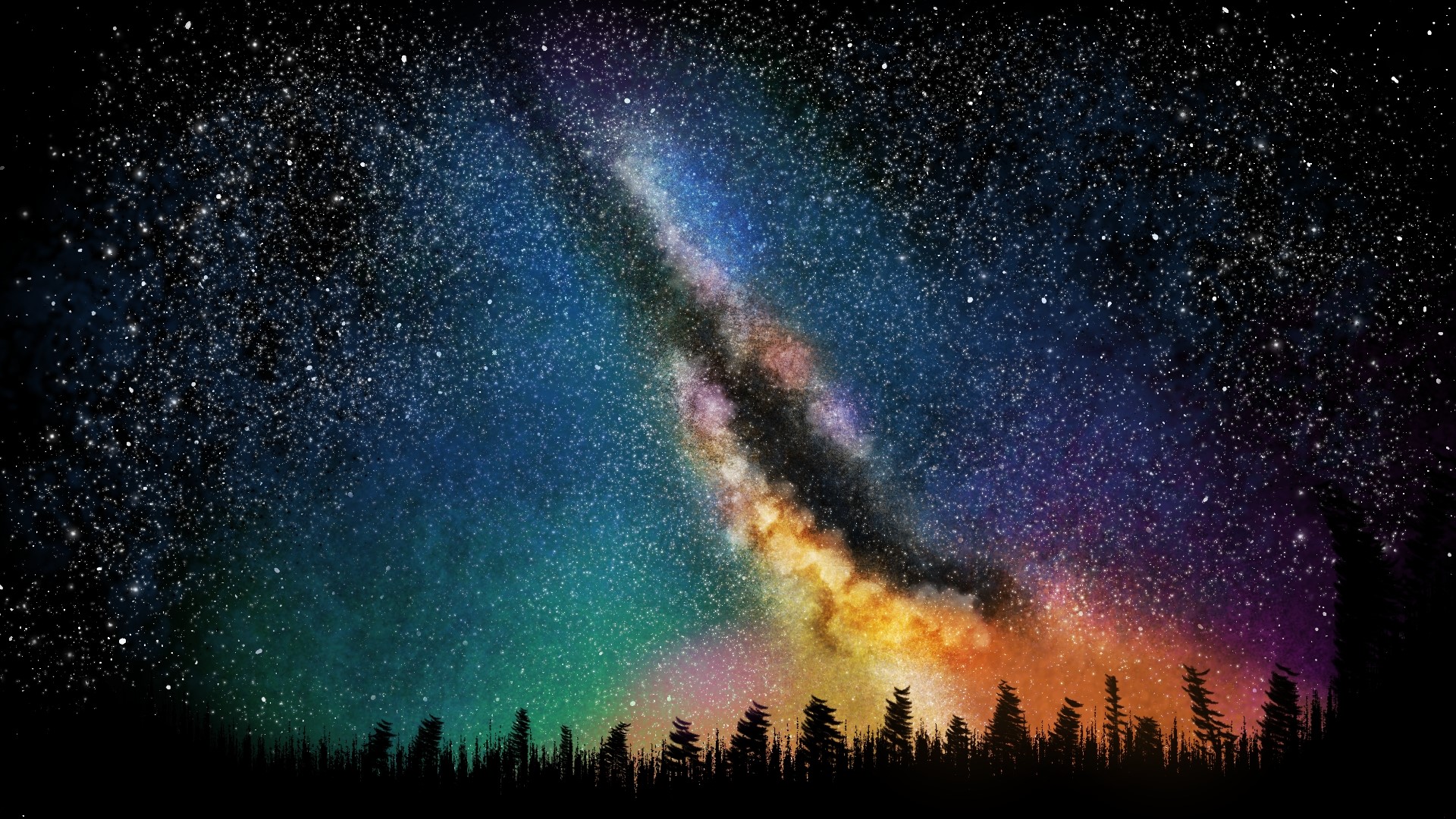 Digital painting of the Milky Way over a forest silhouette HD Wallpaper