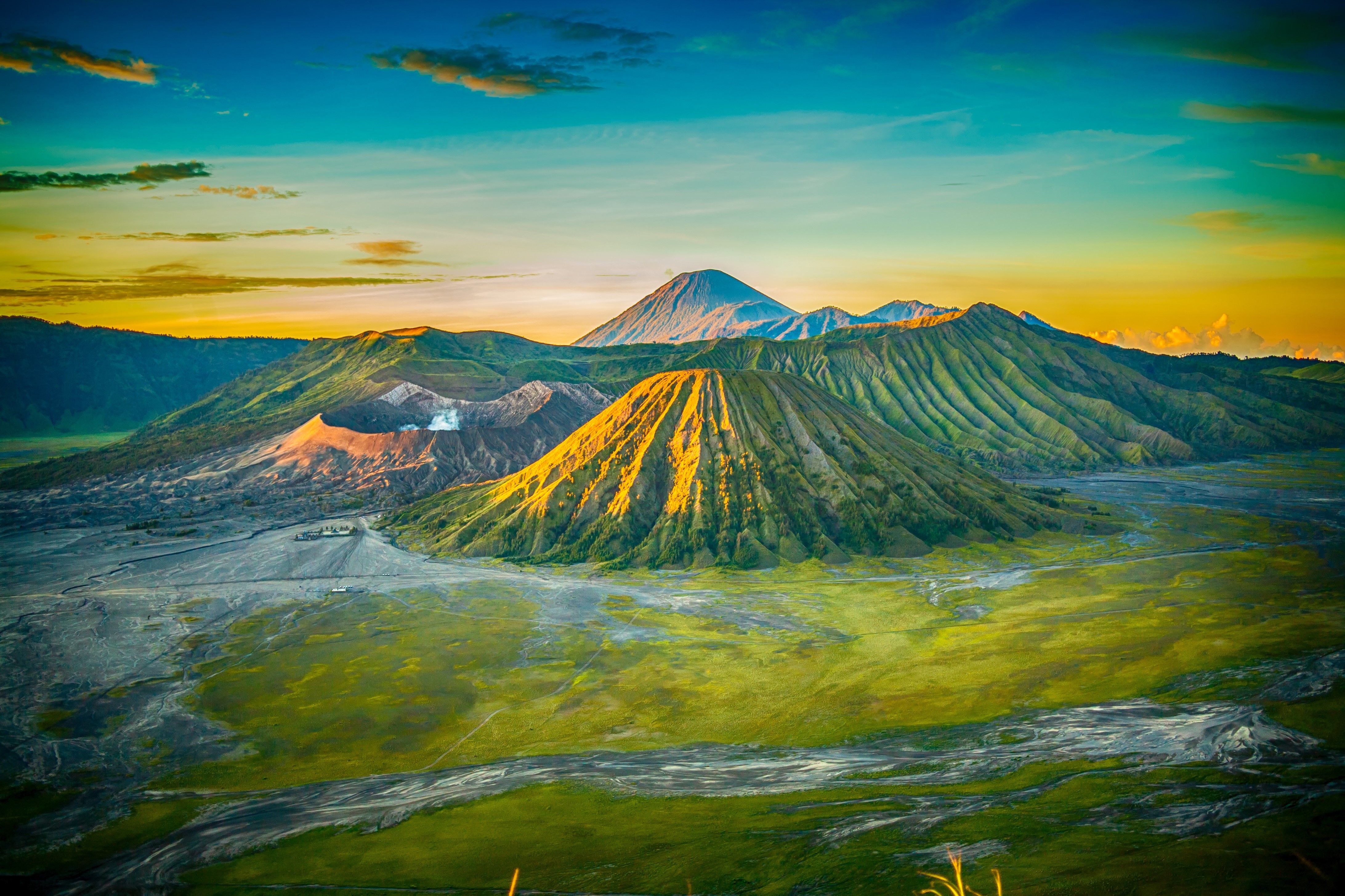4K, sunset, crater, clouds, sky, mountains, landscape, nature, morning HD Wallpaper