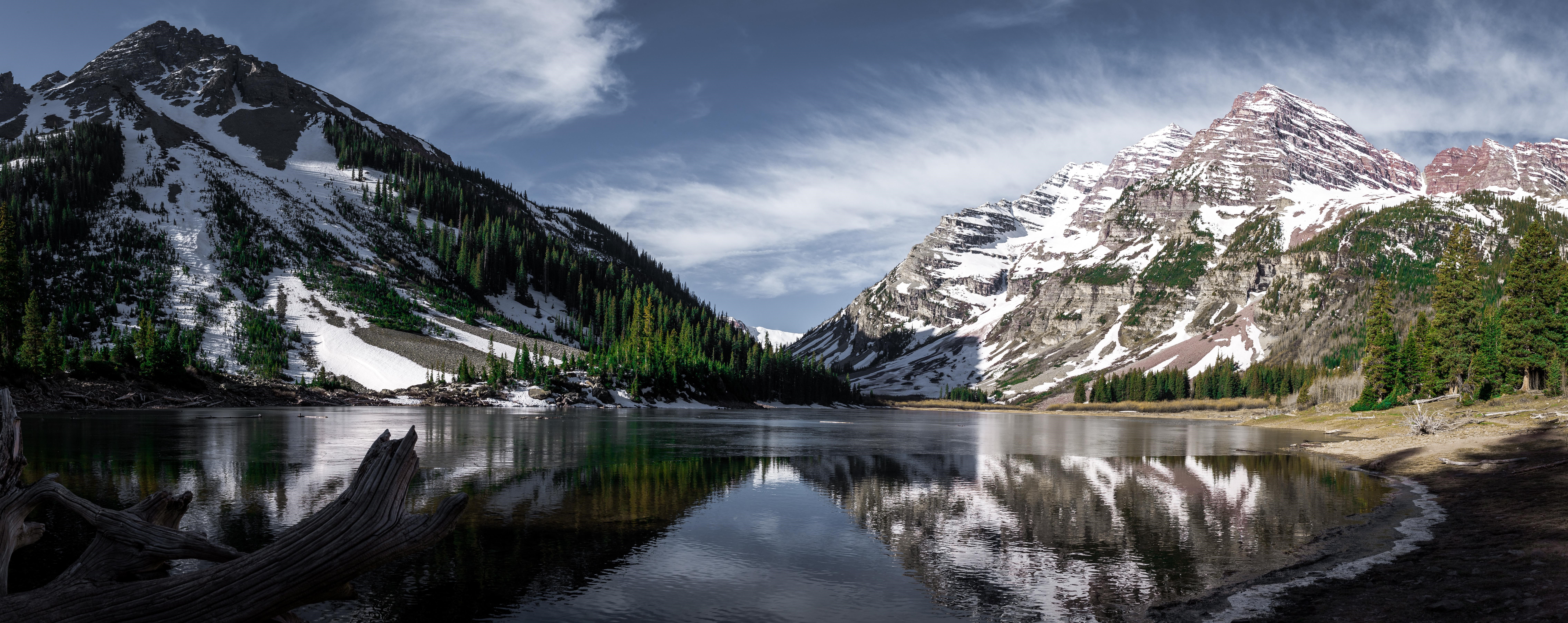 4K, snow, nature, landscape, sky, lake, trees, beach, water, clouds HD Wallpaper