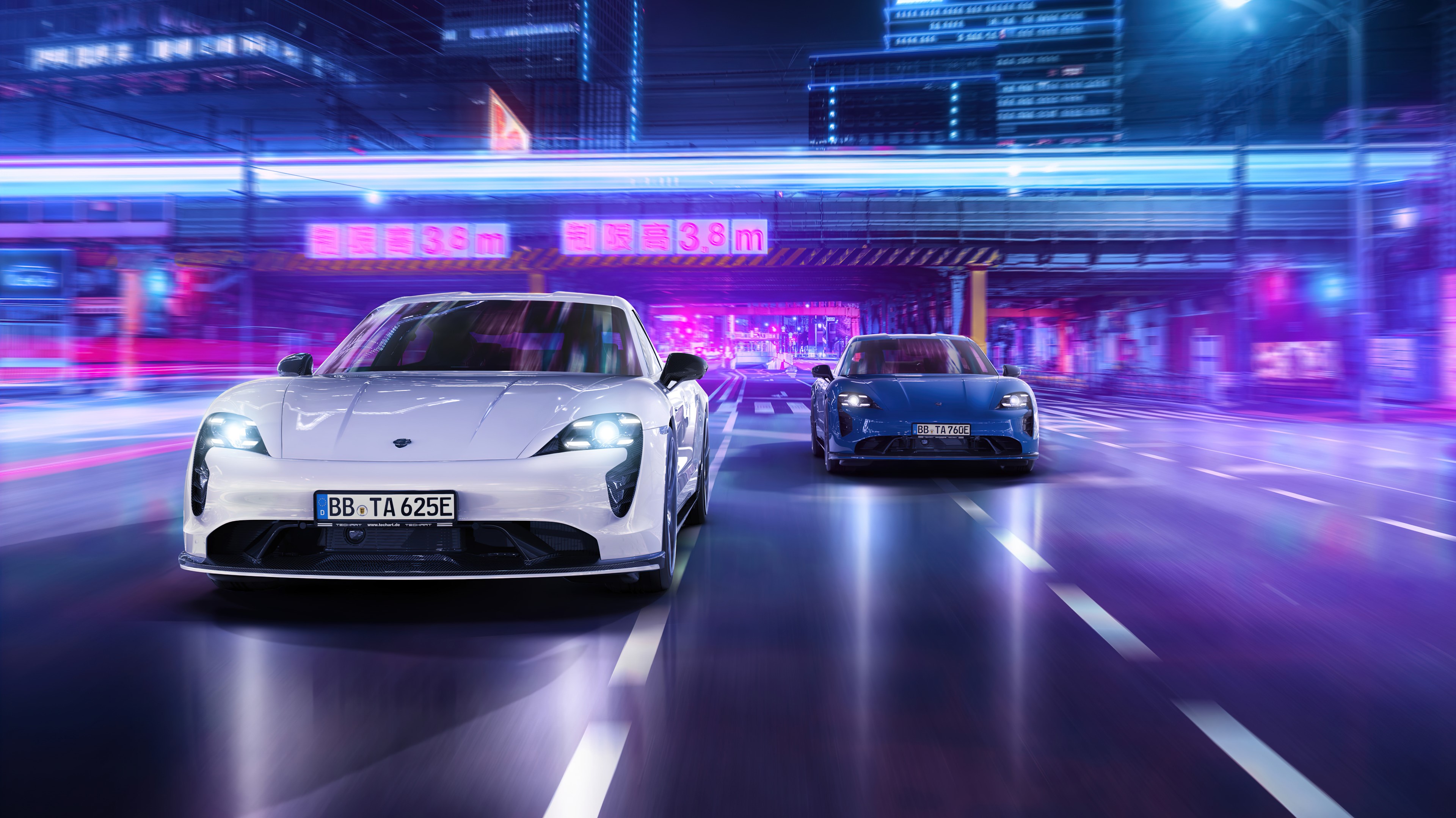 4K, Porsche, street, white cars, city lights, Porsche Taycan, blue cars, motion blur, overpass, Japan, night HD Wallpaper