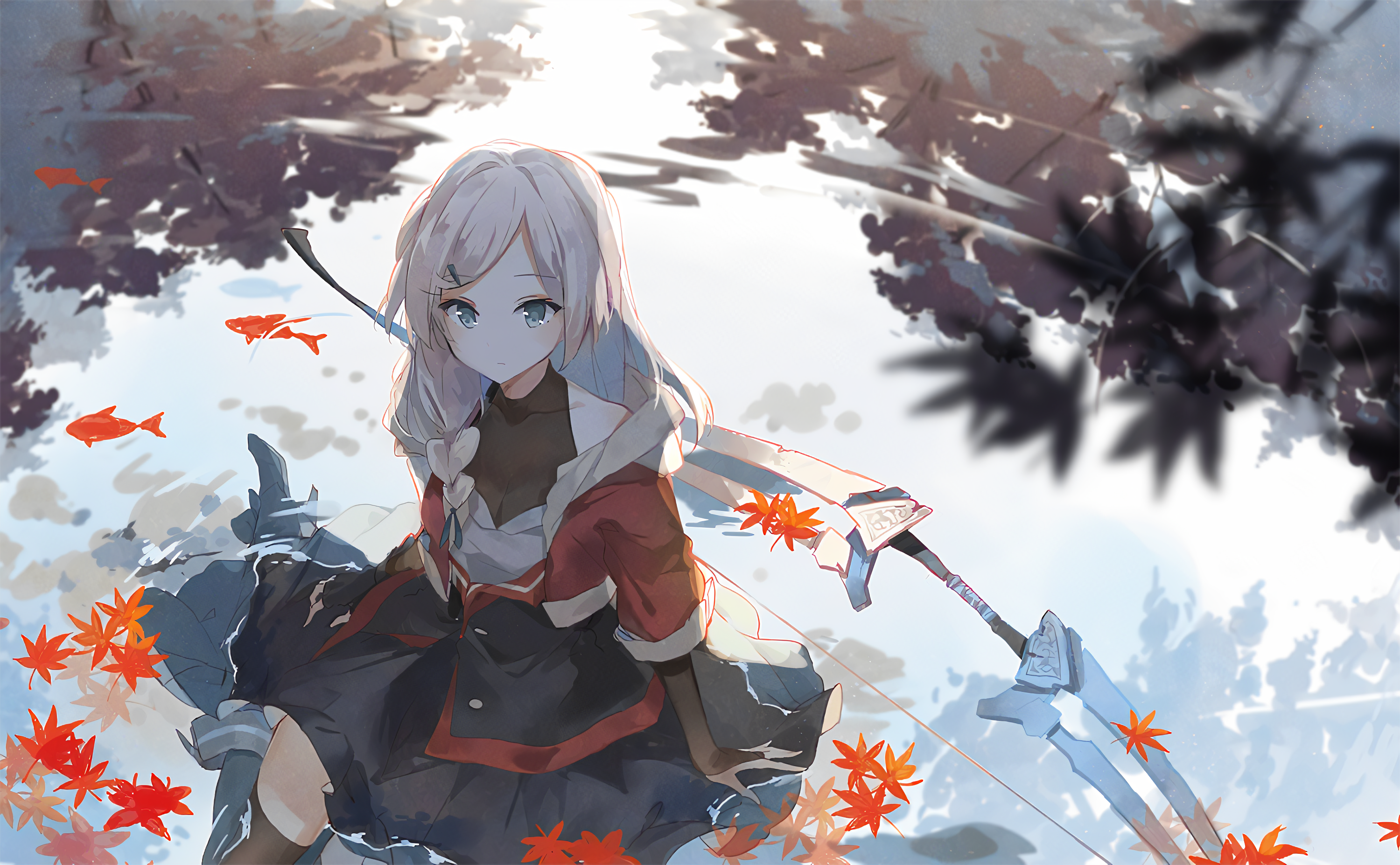 water, bow, Asuka (artist), white hair, sitting, anime girls, anime HD Wallpaper