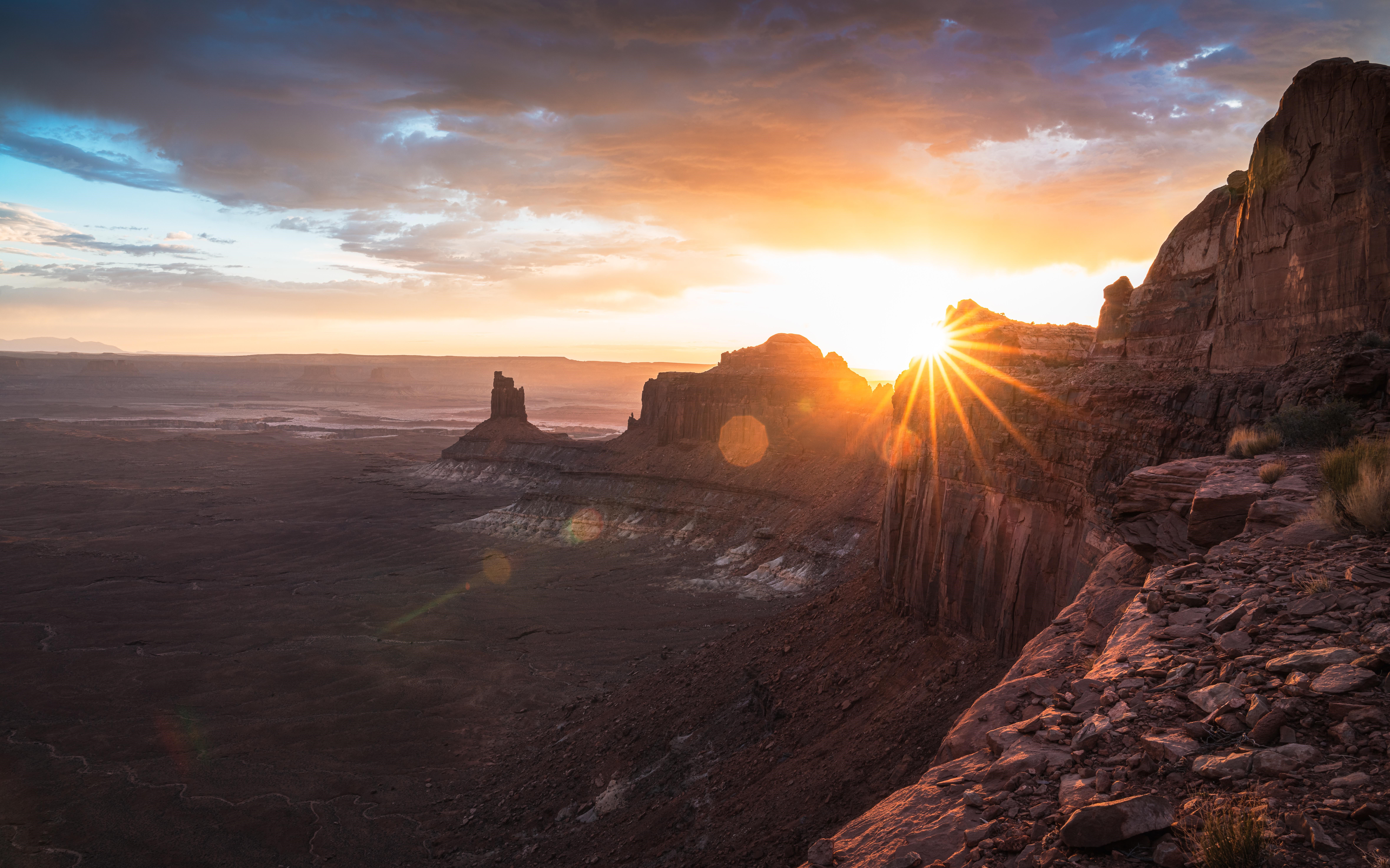 4K, sun rays, landscape, sunset, canyon HD Wallpaper