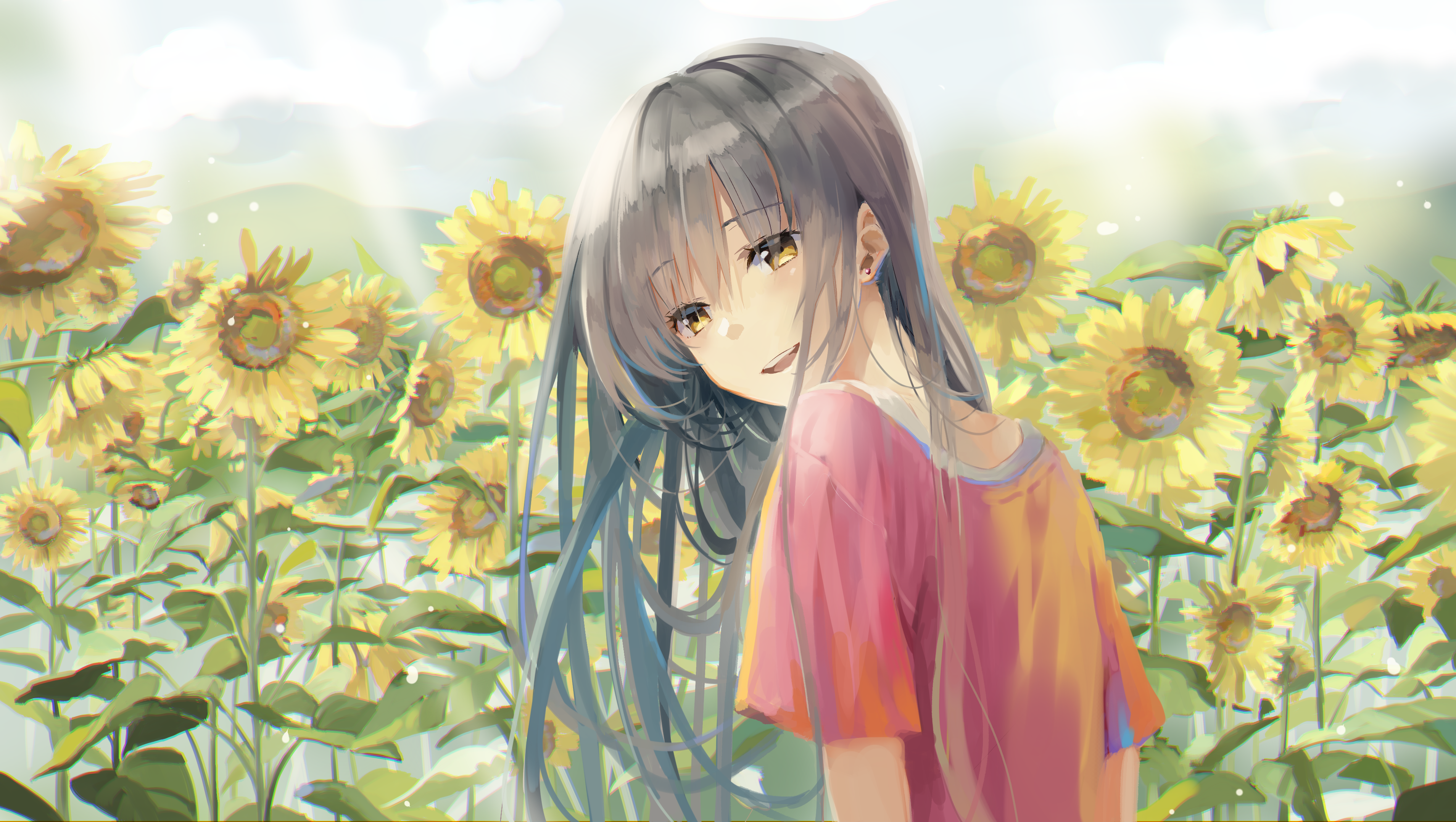 anime, sunflowers, yellow eyes, dark hair, long hair, smiling, anime girls, Naruse Chisato HD Wallpaper