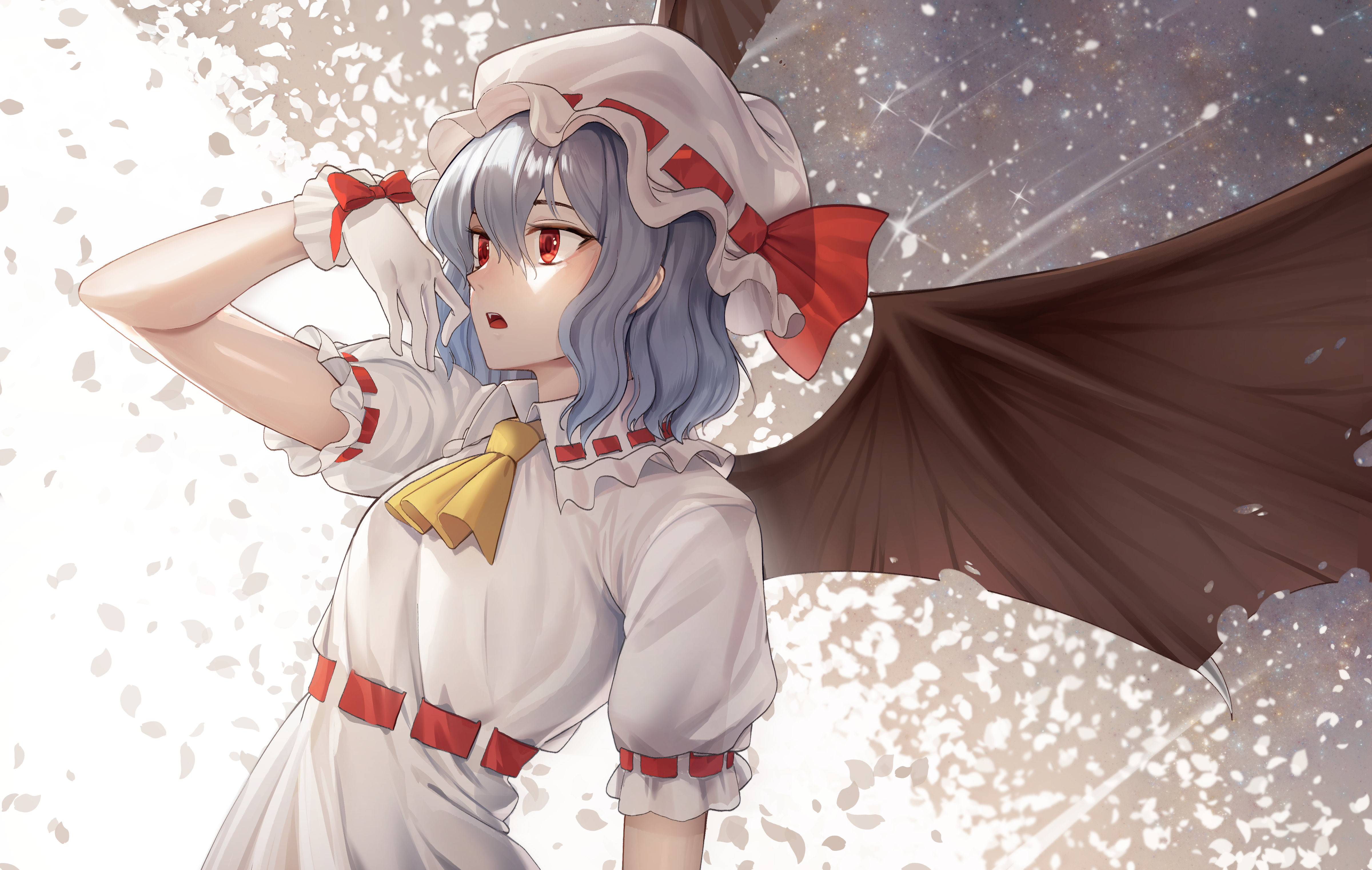 4K, white clothing, Touhou, open mouth, Remilia Scarlet, women with hats, gloves, dress, Goback, hat, white dress, Pixiv, anime girls, anime, red eyes HD Wallpaper