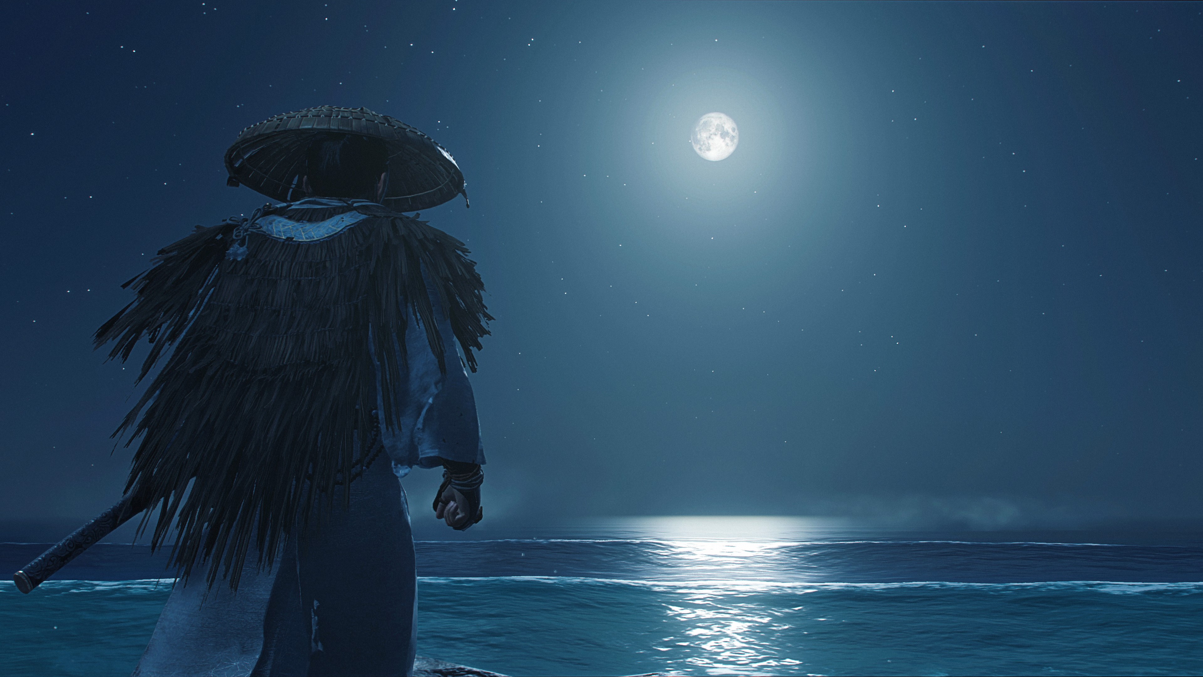 4K, sky, screen shot, Playstation 5, PlayStation 4, sea, Moon, Ghost of Tsushima, 4K, Jin Sakai, night, video games HD Wallpaper