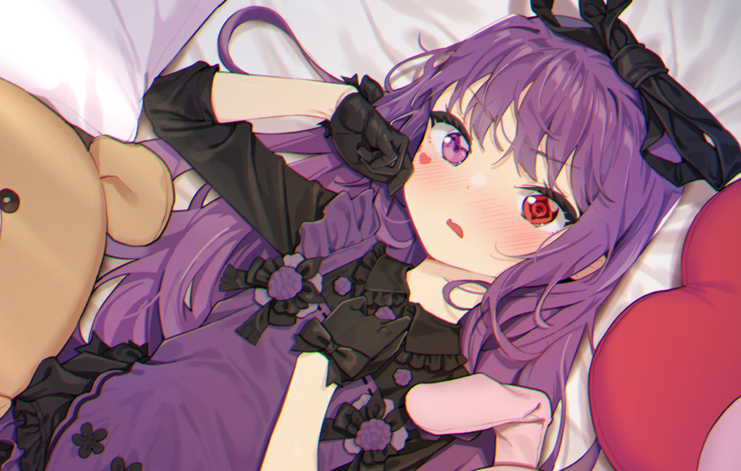 loli, angry, digital art, lying on back, hair ribbon, long hair, blushing, gloves, heterochromia, bangs, artwork, looking at viewer, anime girls, black gloves, Black Ribbon, purple hair, purple dress, anime HD Wallpaper