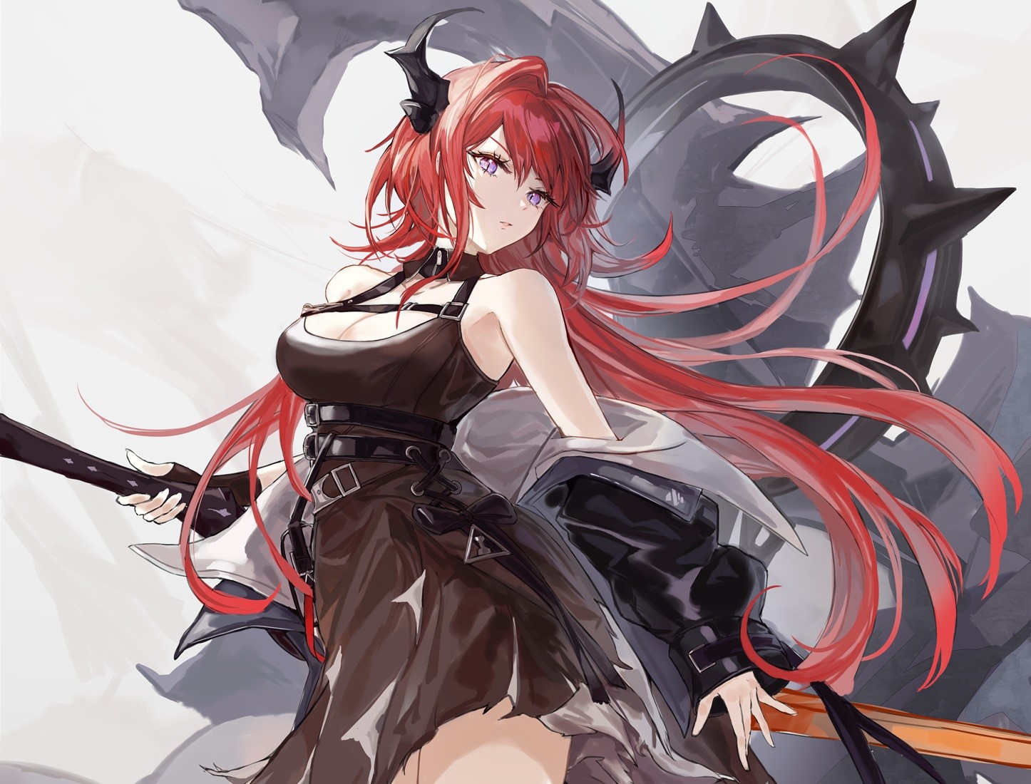 artwork, purple eyes, anime girls, horns, cropped, redhead, dress, Surtr (Arknights), long hair, cleavage, Arknights, Kachi HD Wallpaper