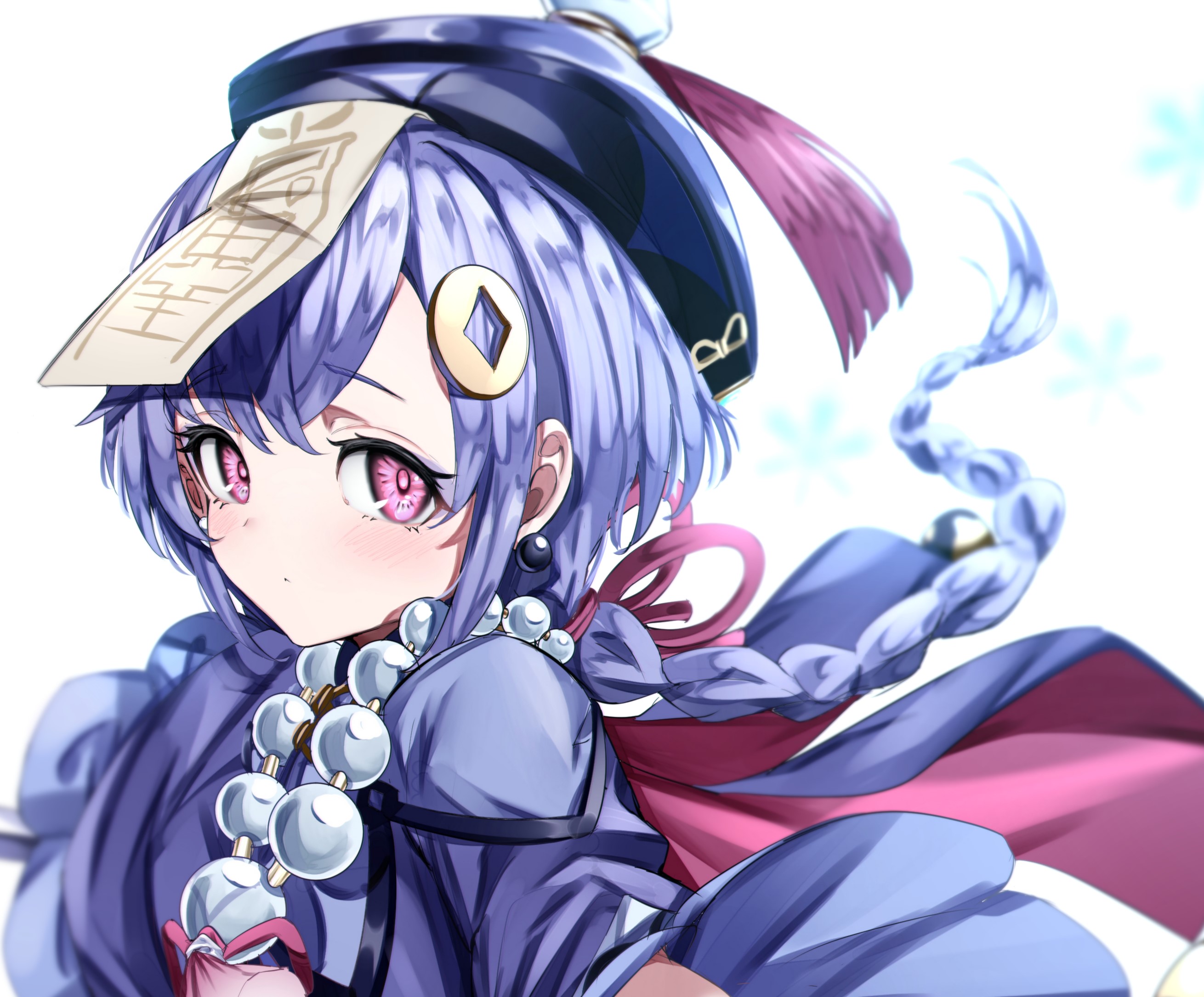 video games, looking at viewer, anime games, artwork, purple hair, anime girls, digital art, pink eyes, Genshin Impact, ghost girl, loli, Qiqi (Genshin Impact), hair pins, braided hair, bangs, fan art, anime HD Wallpaper