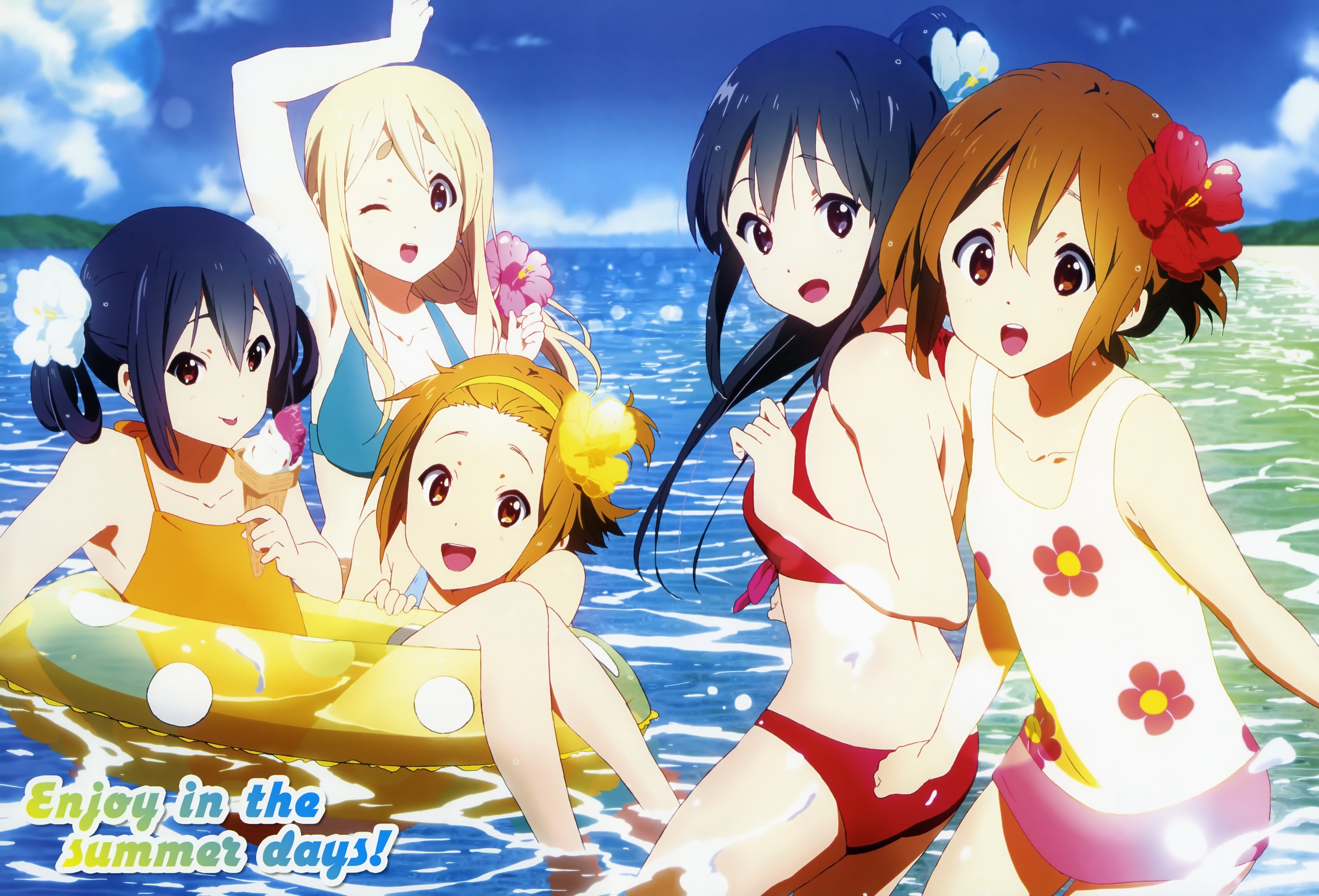 ice cream, black hair, beach, twintails, water, sea, K-ON!, blonde, blue bikini, Hirasawa Yui, Kotobuki Tsumugi, sea foam, anime girls, flower in hair, sky, Nakano Azusa, ponytail, swimwear, Akiyama Mio, clouds, Tainaka Ritsu, long hair, brunette, head band, short hair, red bikinis, one-piece swimsuit HD Wallpaper