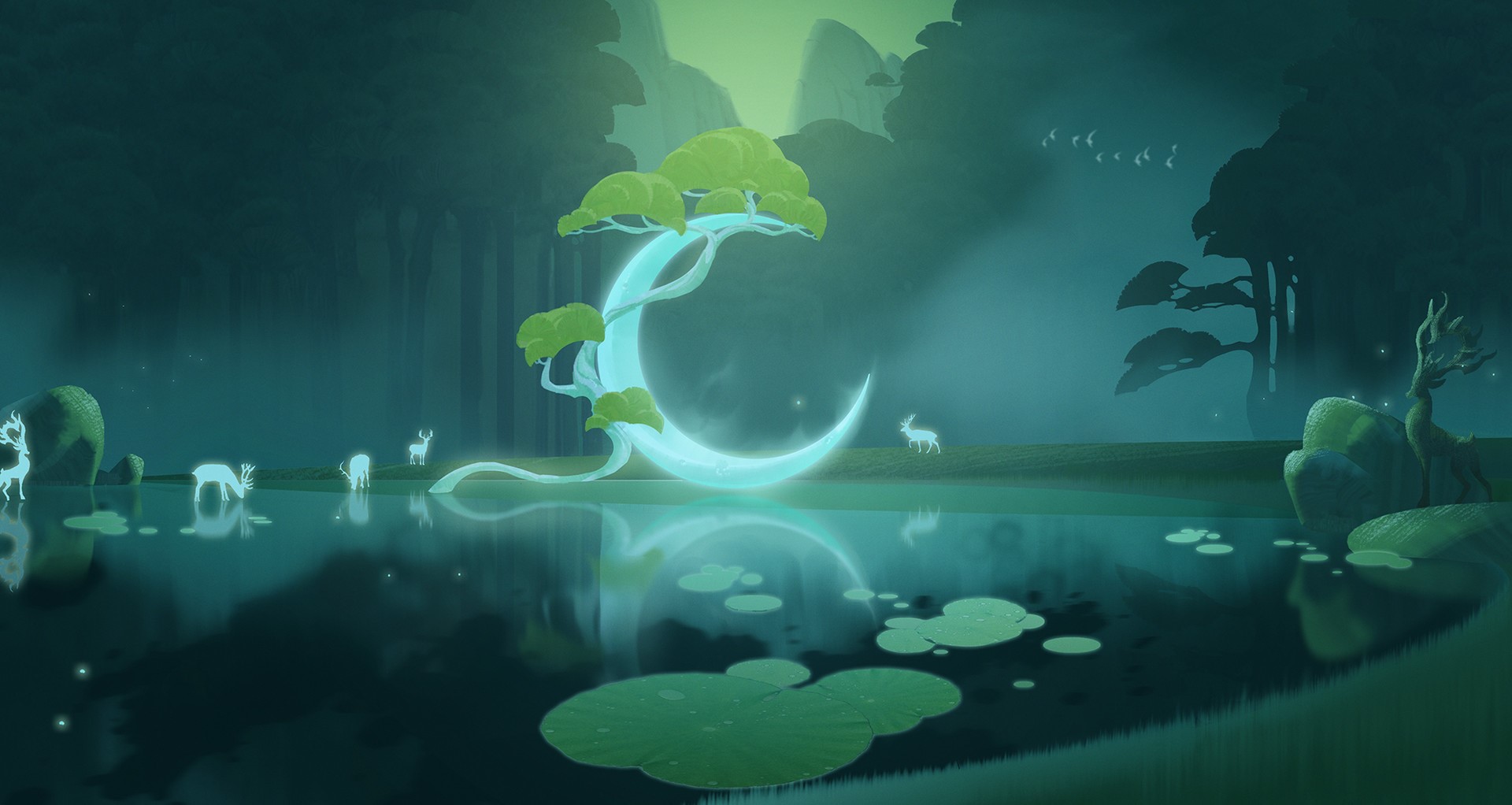 fantasy art, digital art, lily pads, Qian Wei, trees, lake, reflection, forest, crescent moon, deer HD Wallpaper