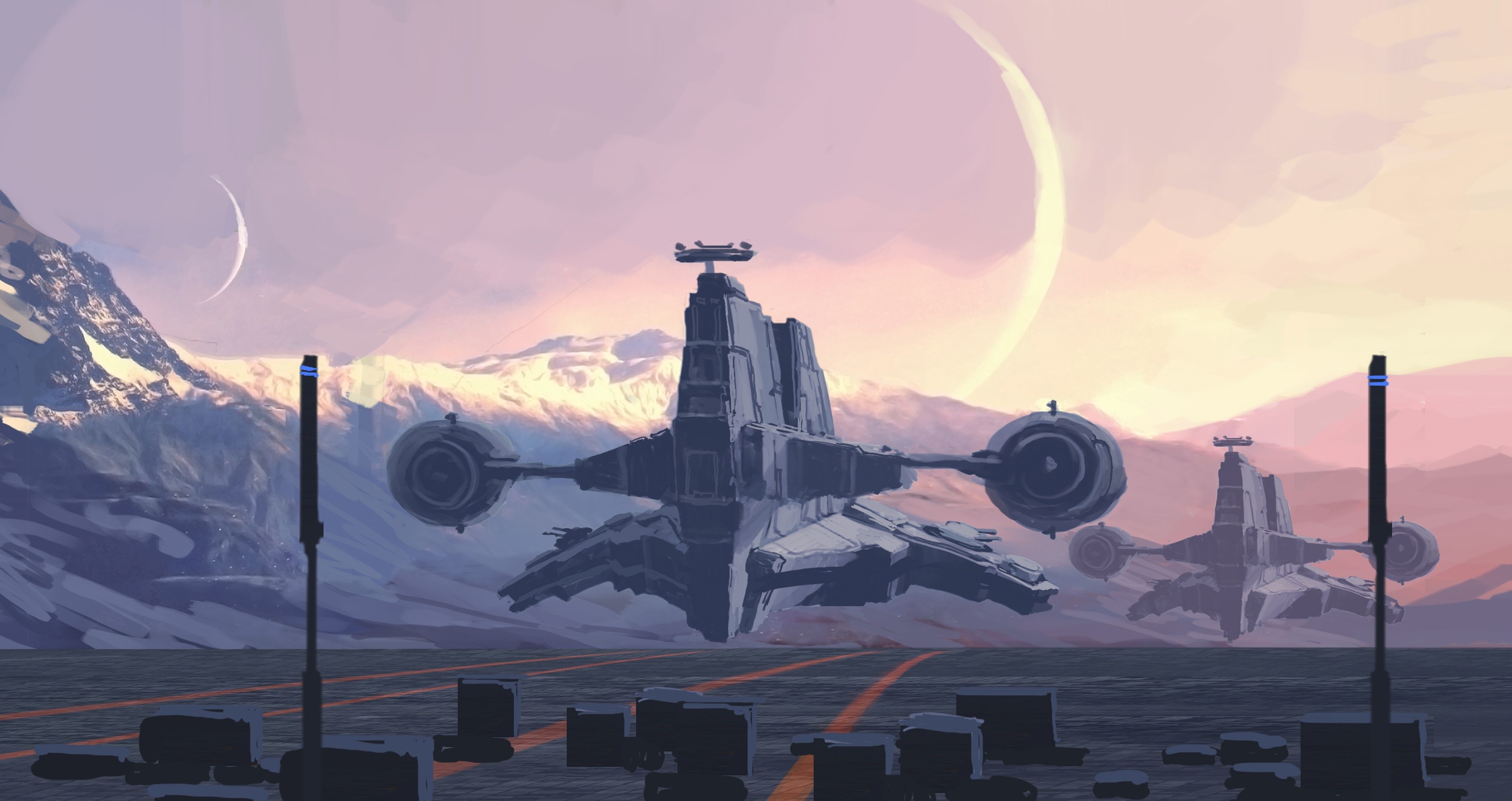 science fiction, sky, cyberpunk, sunset, digital art, mountains, Moon, spaceship, artwork, futuristic, morning HD Wallpaper