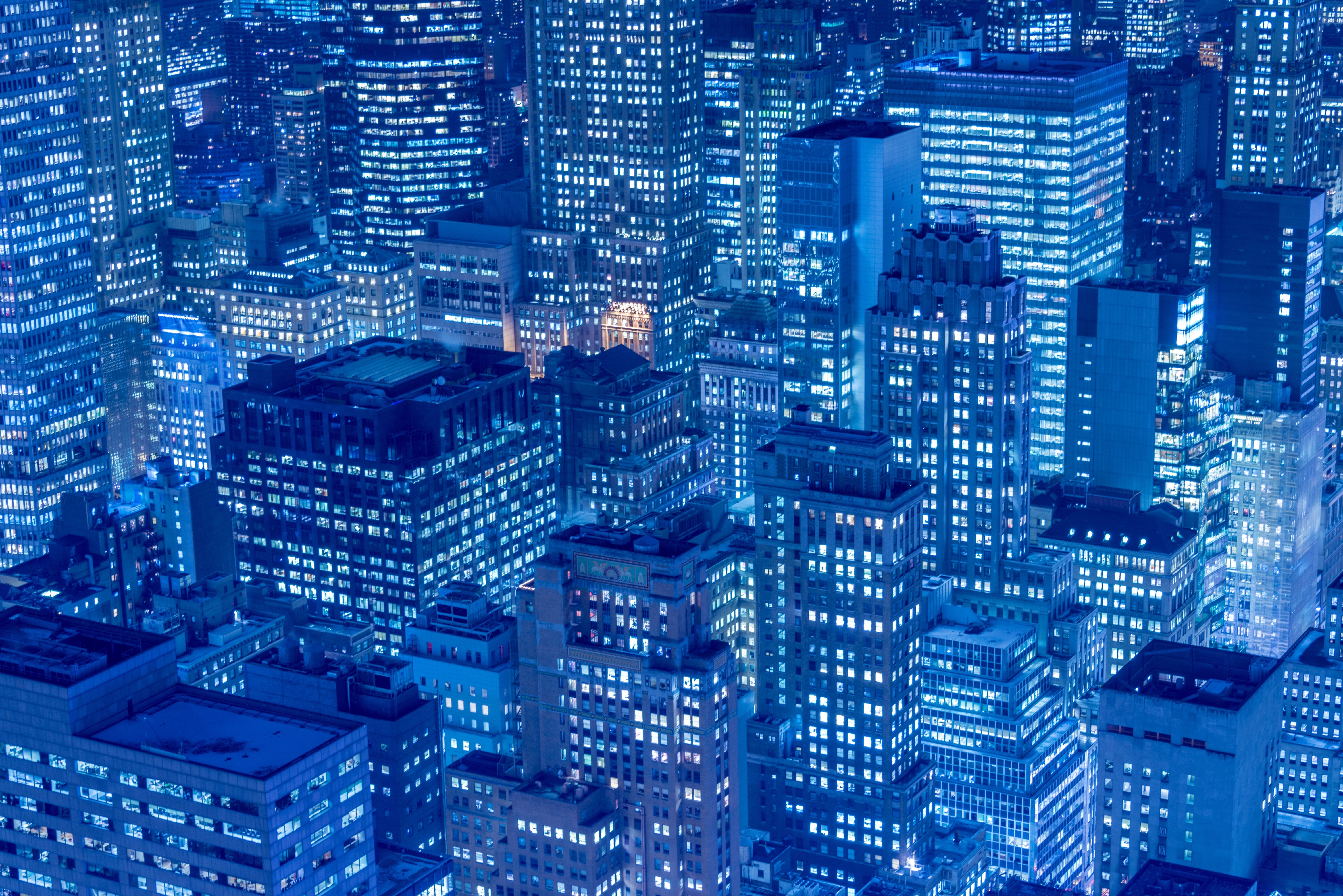 4K, evening, architecture, city, Manhattan, downtown, night, skyscraper, blue, town, building, metropolis, lights, New York City HD Wallpaper