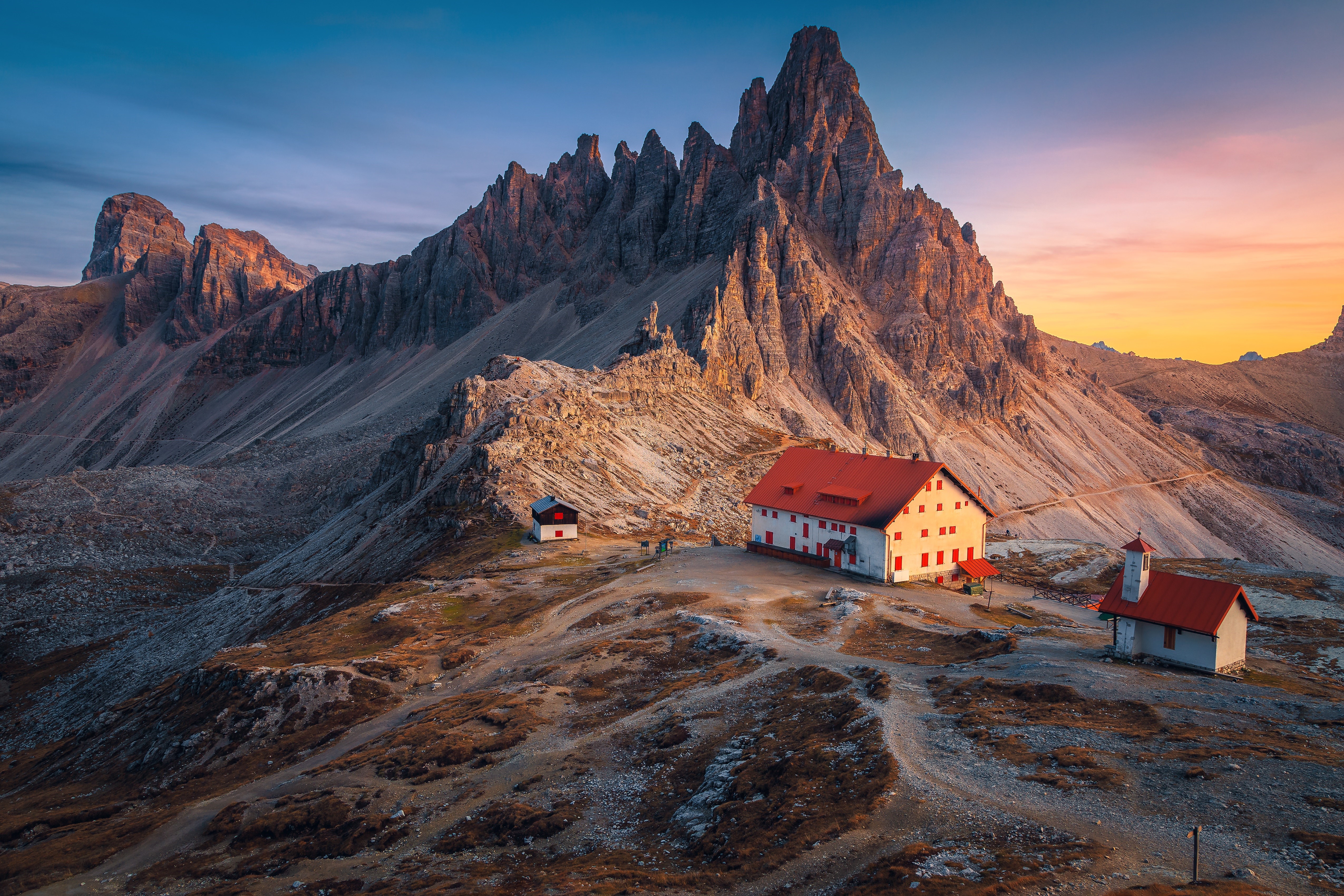 4K Sunset View of Dolomite Alps with Mountain Huts HD Wallpaper