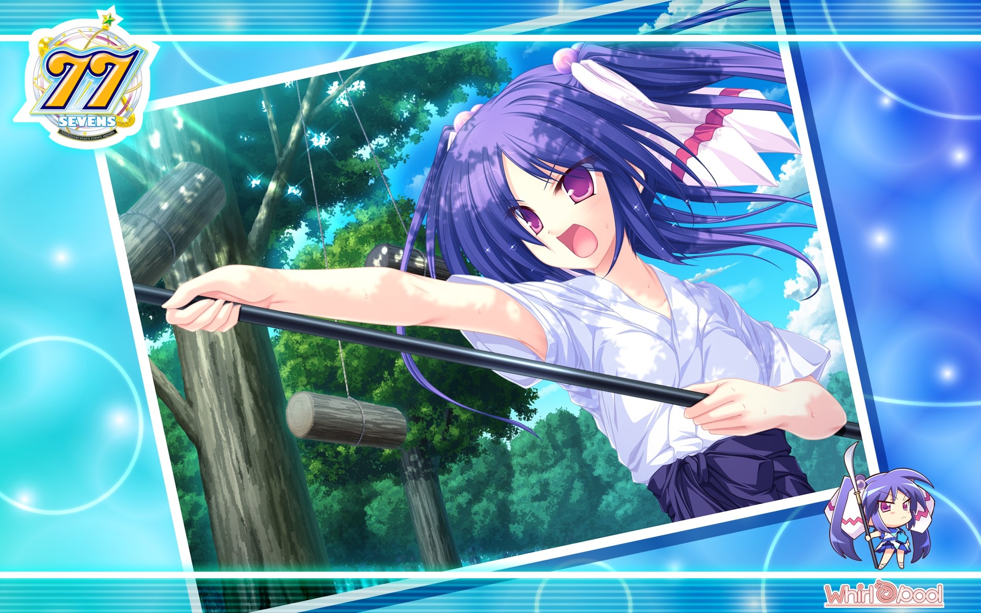 training, two stars meet again, twintails, purple hair, long hair, bangs, fighting, Japanese kimono, anime girls, purple eyes, anime, Sevens and, series, Narukami Aoi HD Wallpaper