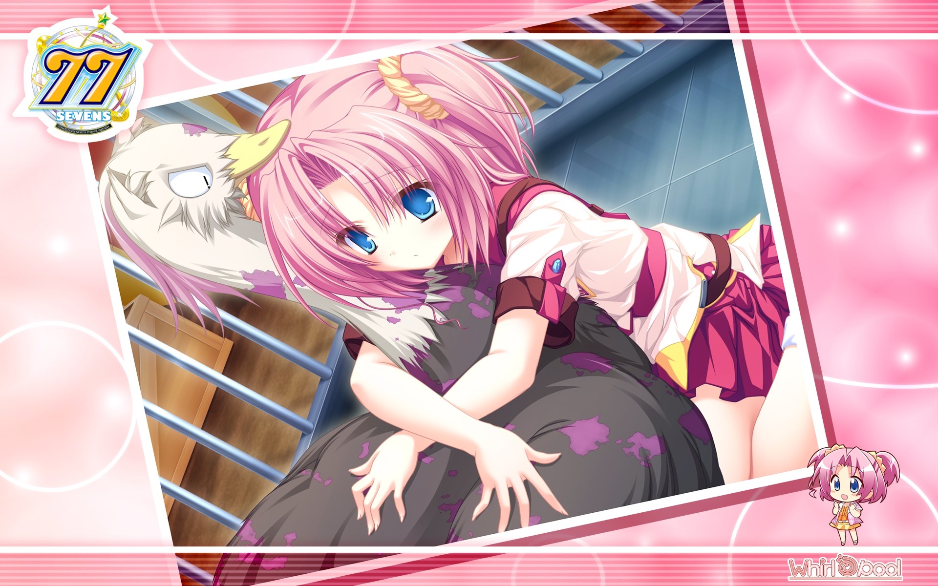 short hair, anime girls, twintails, hugging, sitting, goose, anime, sad, series, school uniform, Sevens and, pink hair, bangs, cages, blue eyes, skirt, two stars meet again, Kazamai Sakura HD Wallpaper