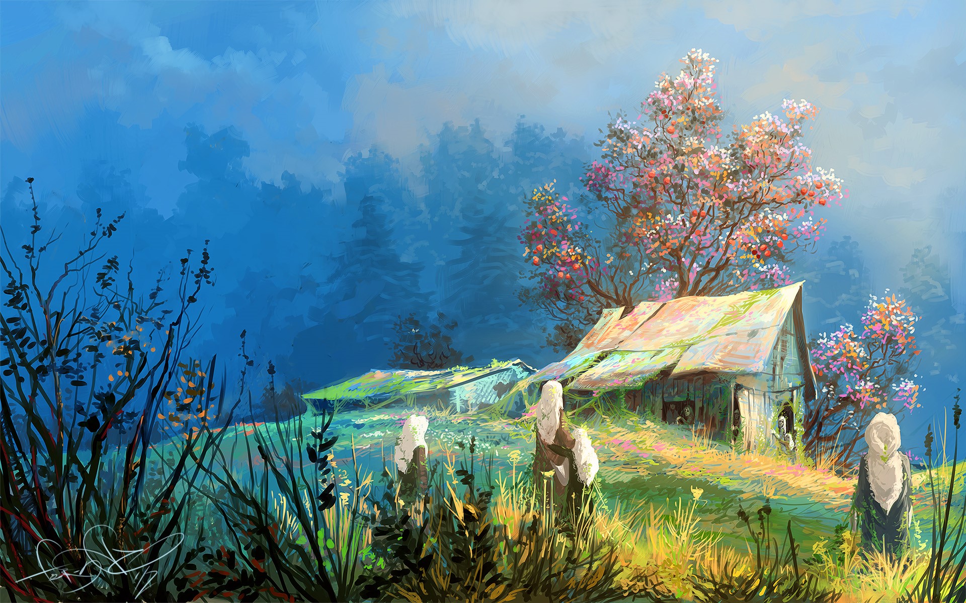 plants, trees, artwork, hut, nature, outdoors, Sergey Svistunov, DeviantArt HD Wallpaper
