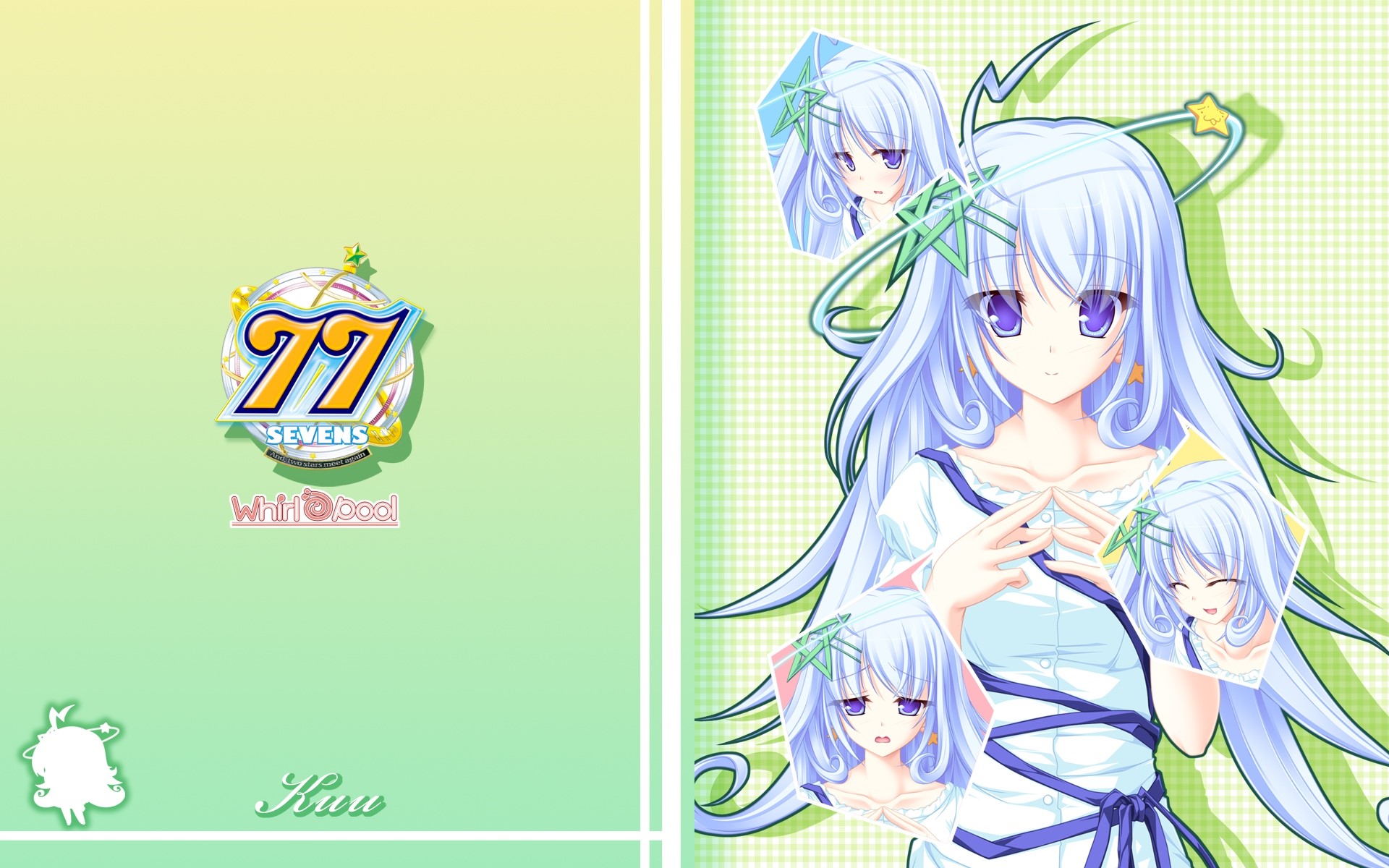 anime, bangs, blue ribbons, Sevens and, blushing, long hair, happy, star earrings, dress, looking at viewer, white dress, two stars meet again, pentagram, Kuu, series, blue eyes, blue hair, stars, shy, Halo, anime girls HD Wallpaper