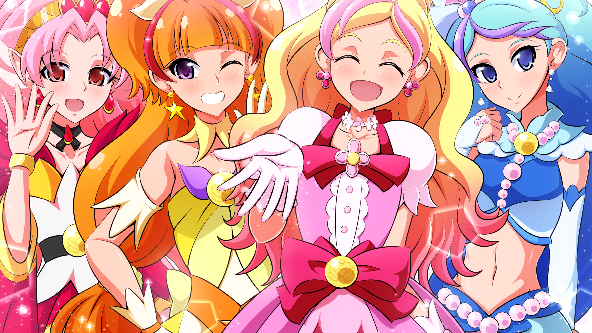 long hair, anime, group of women, dress, one eye closed, anime girls, closed eyes, colorful, belly, Precure, Pretty Cure, looking at viewer, open mouth, Pixiv HD Wallpaper