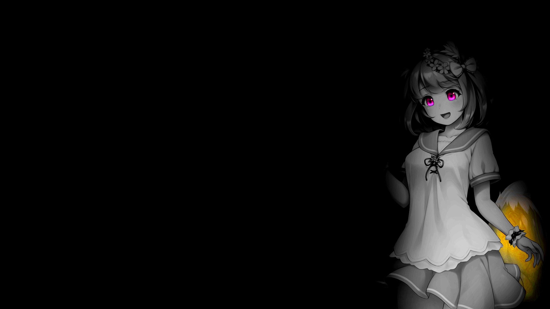 anime girls, tail, monochrome, selective coloring, anime HD Wallpaper