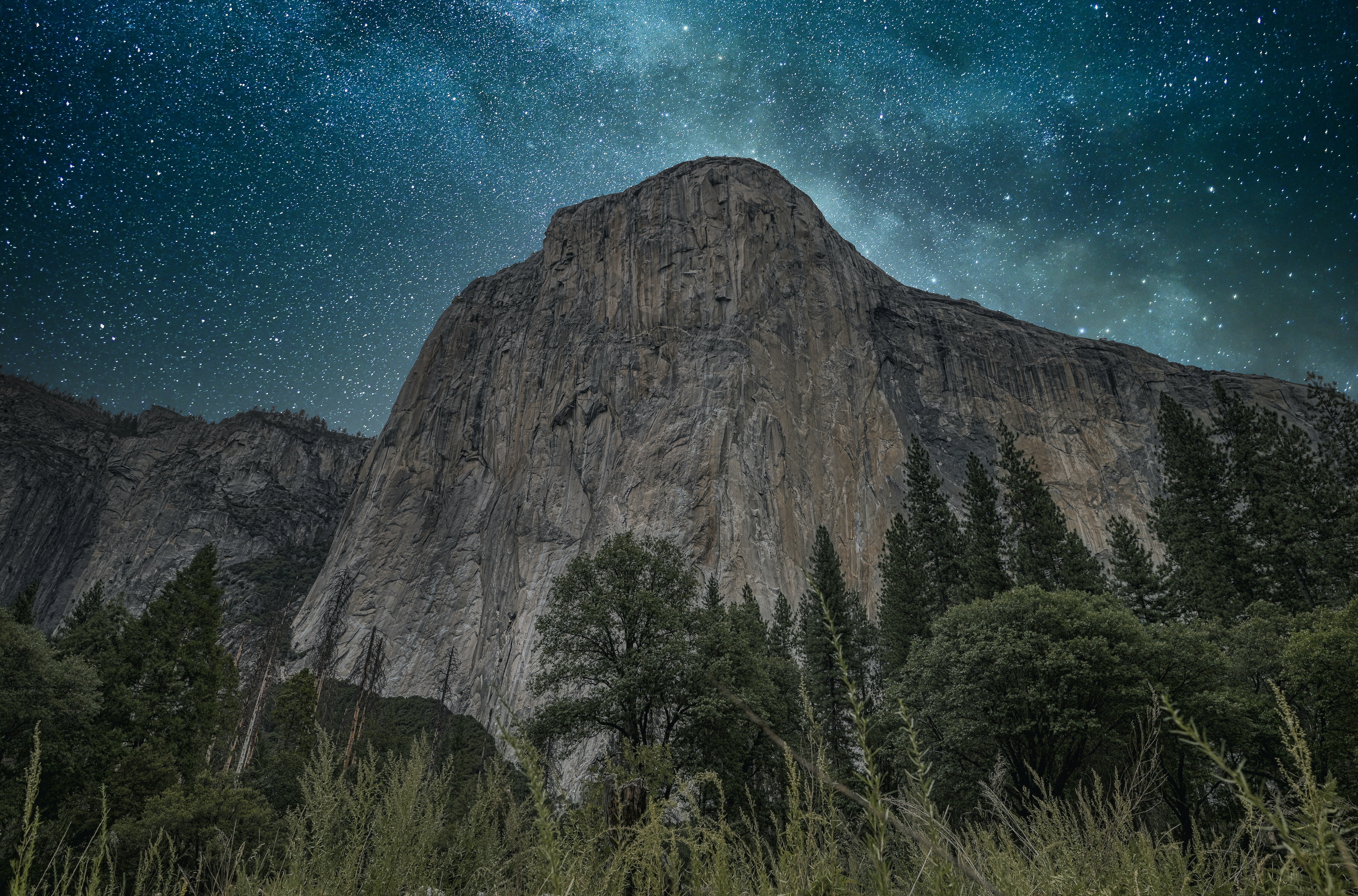 4K, trees, El Capitan, nature, stars, Yosemite Valley HD Wallpaper