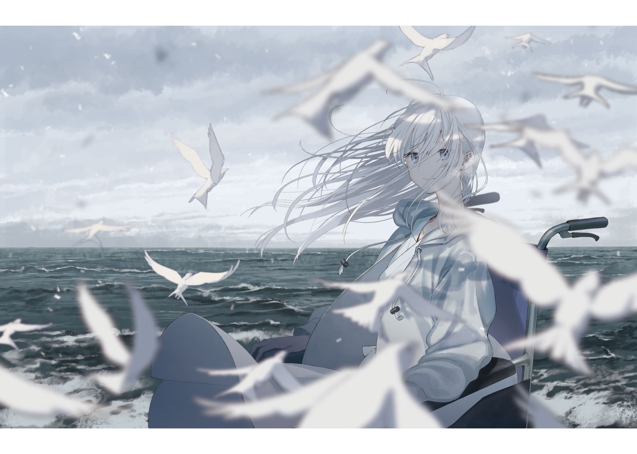 Wheelchair, ocean view, blue hair, anime, Kururi, anime girls, white hair HD Wallpaper