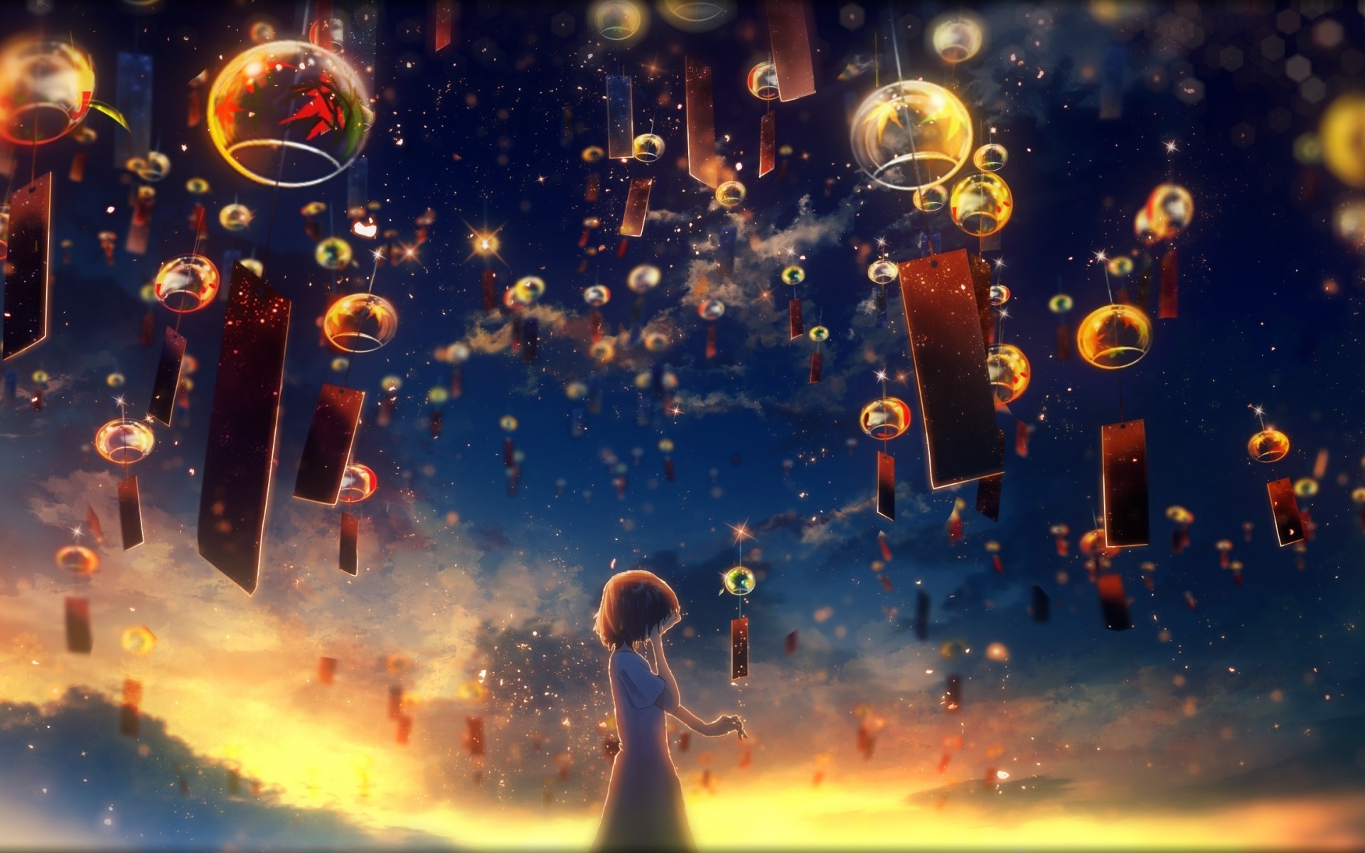 anime girls, artwork, lantern, sky HD Wallpaper