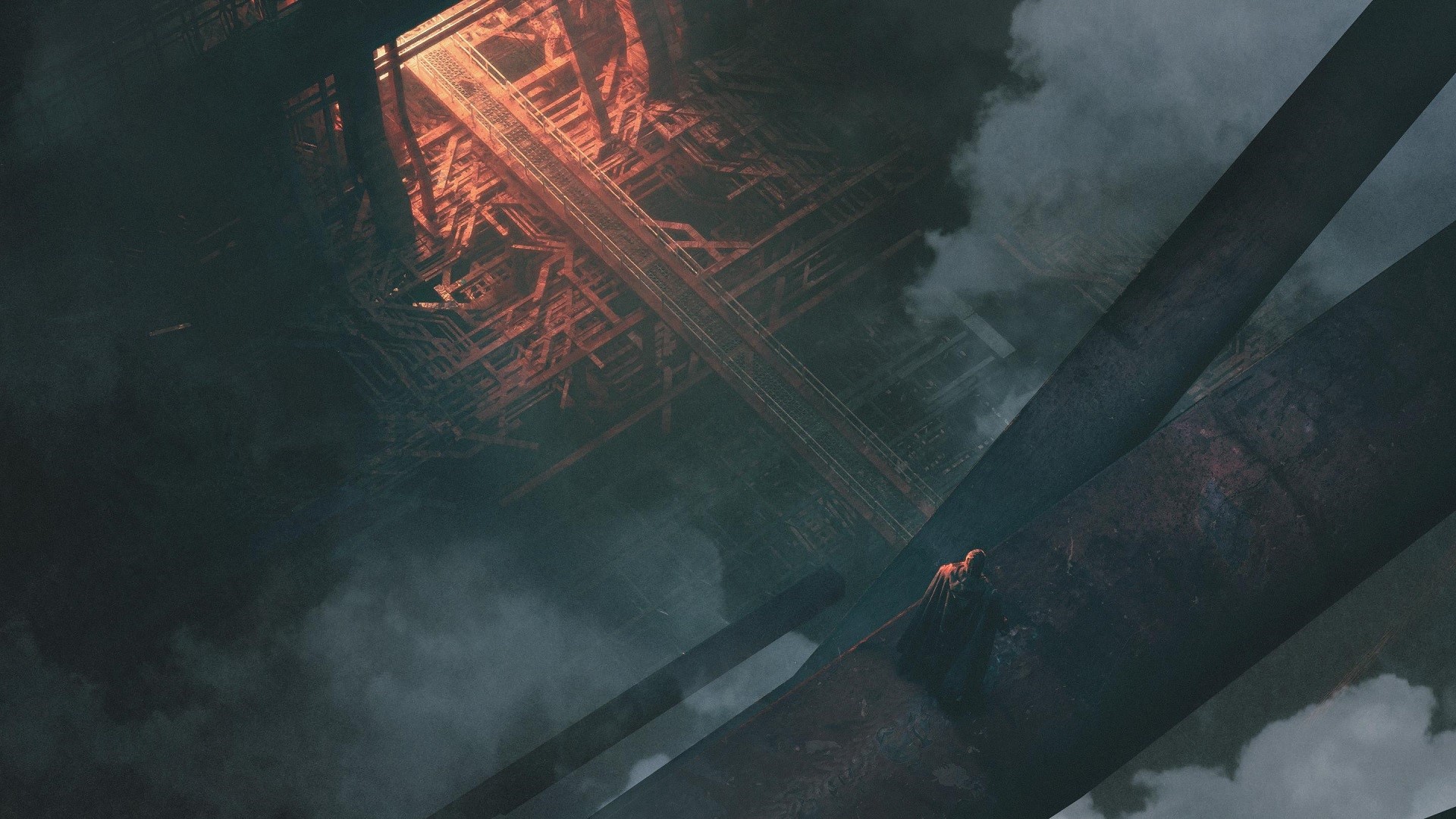 dark, artwork, building, lights, smoke, standing, fantasy art HD Wallpaper