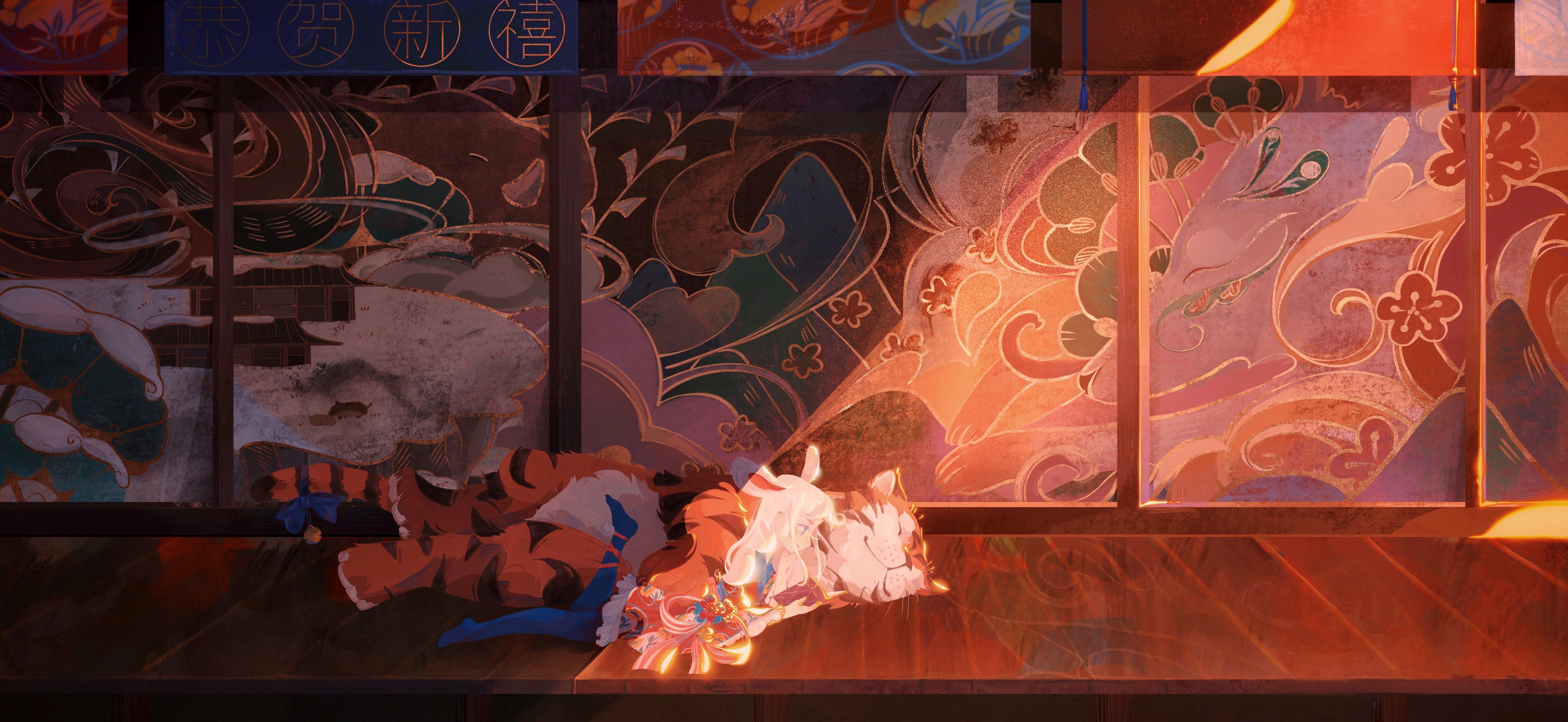 4K, bunny ears, tiger, dappled sunlight, kunatata, white hair, original characters HD Wallpaper