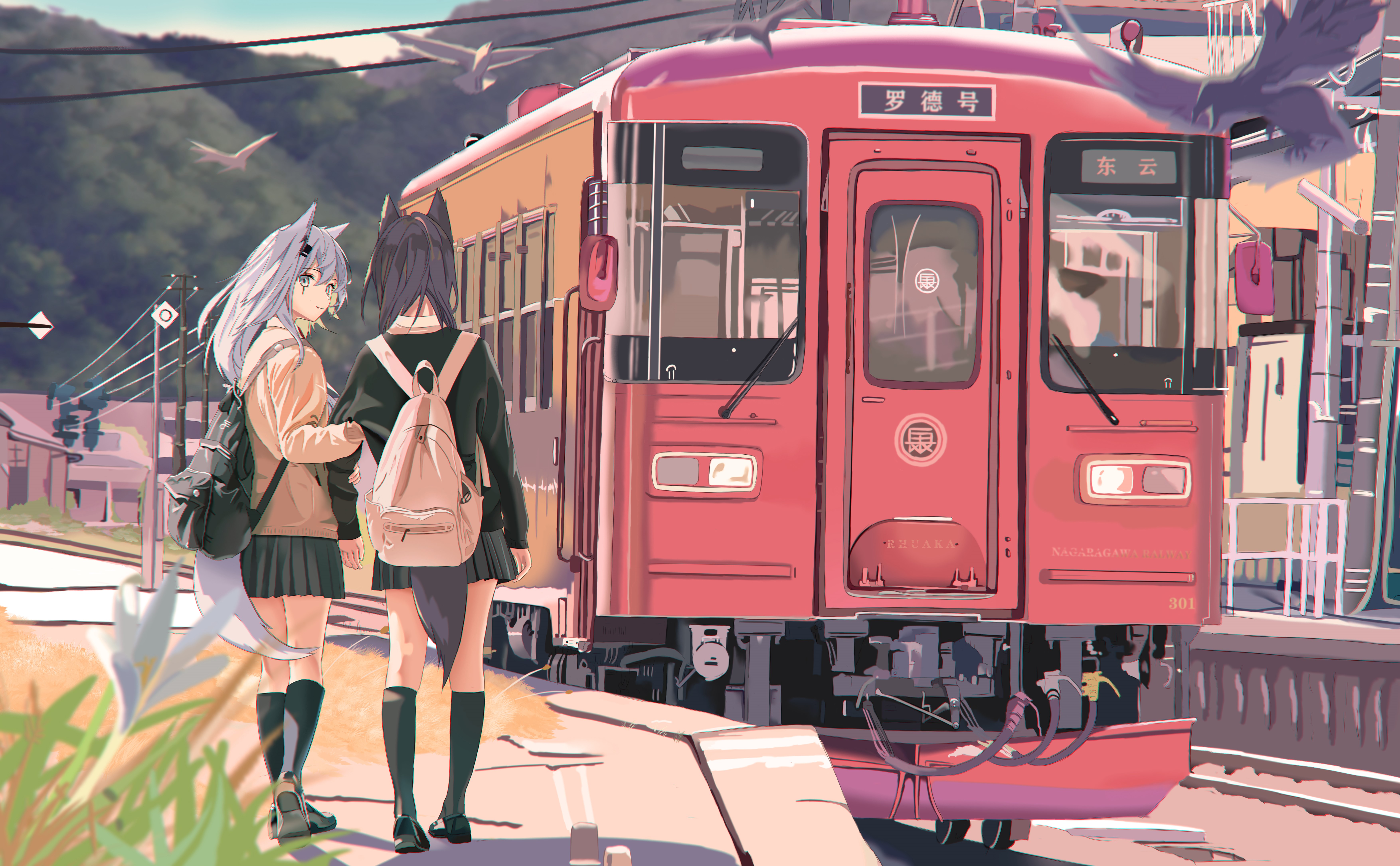 4K, Arknights, Lappland (Arknights), Texas (Arknights), school uniform, wolf girls, anime, Auguste, skirt, anime girls, train HD Wallpaper