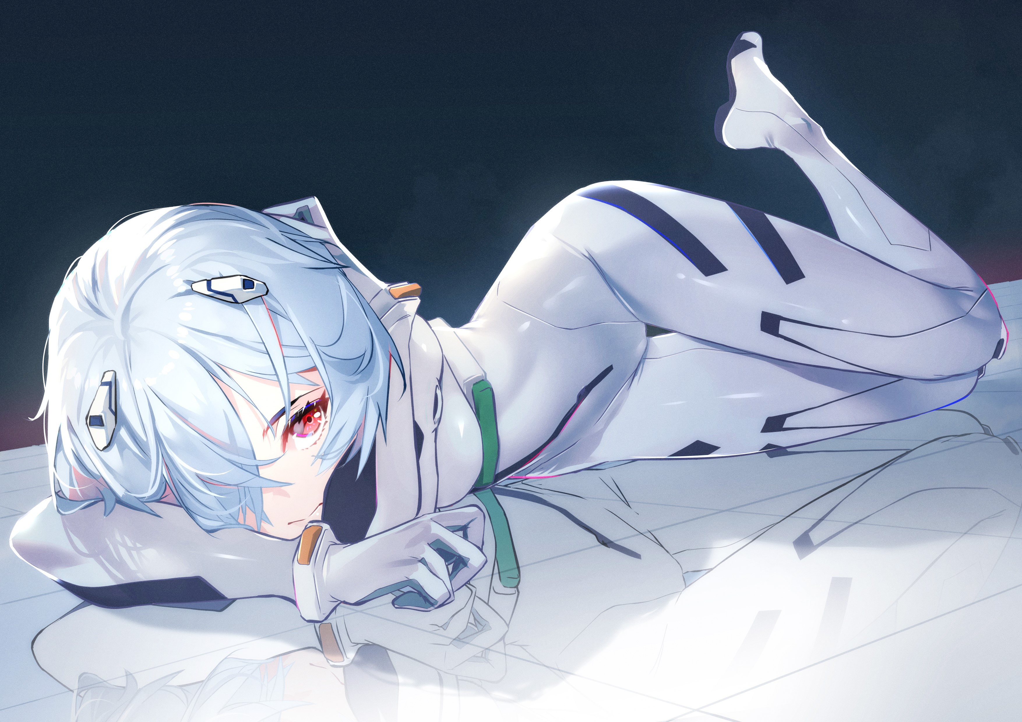 anime, bodysuit, Neon Genesis Evangelion, blue hair, SydusArts, Ayanami Rei, anime girls, red eyes, Sydus, artwork HD Wallpaper