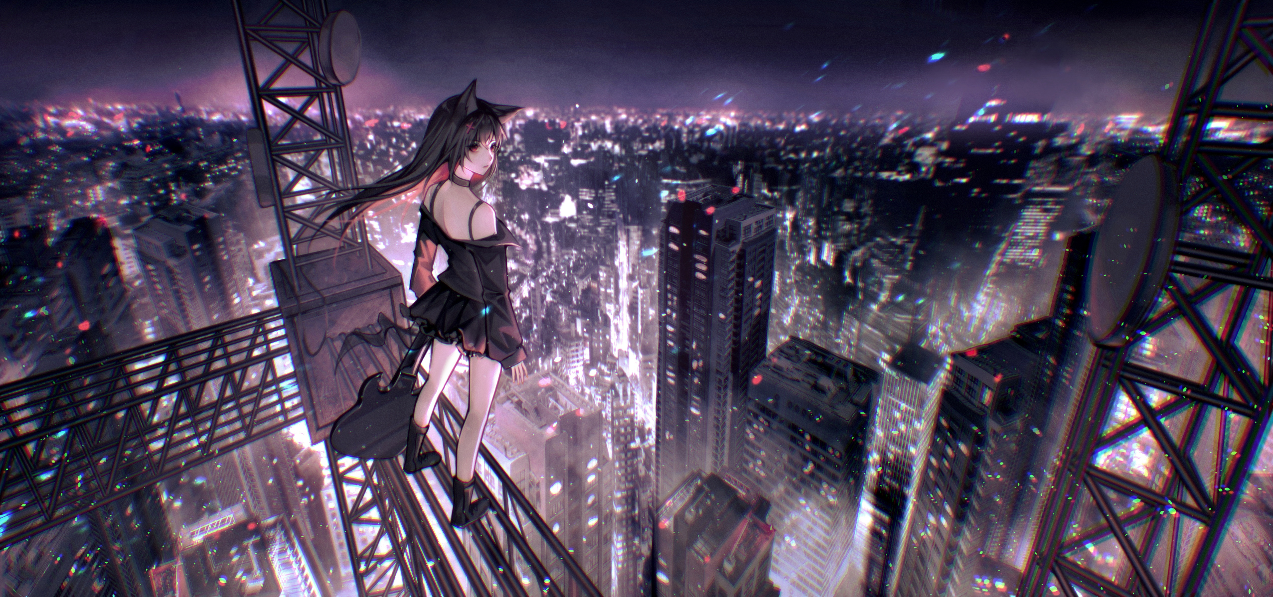 guitar, boots, cat ears, anime, night, barrette, city, red eyes, black hair, anime girls, necklace, skirt, multicolored hair, long hair, looking away, city lights HD Wallpaper