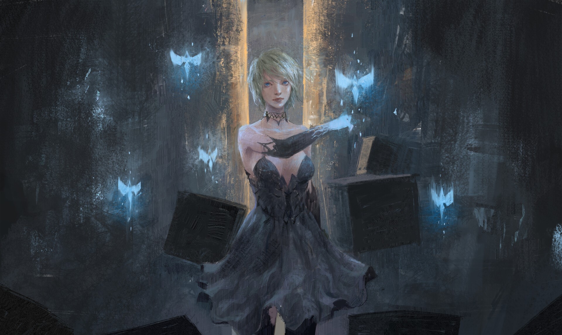 artwork, fantasy girl, short hair, black clothing, dress, black dress, fantasy art, women, looking at viewer, standing HD Wallpaper
