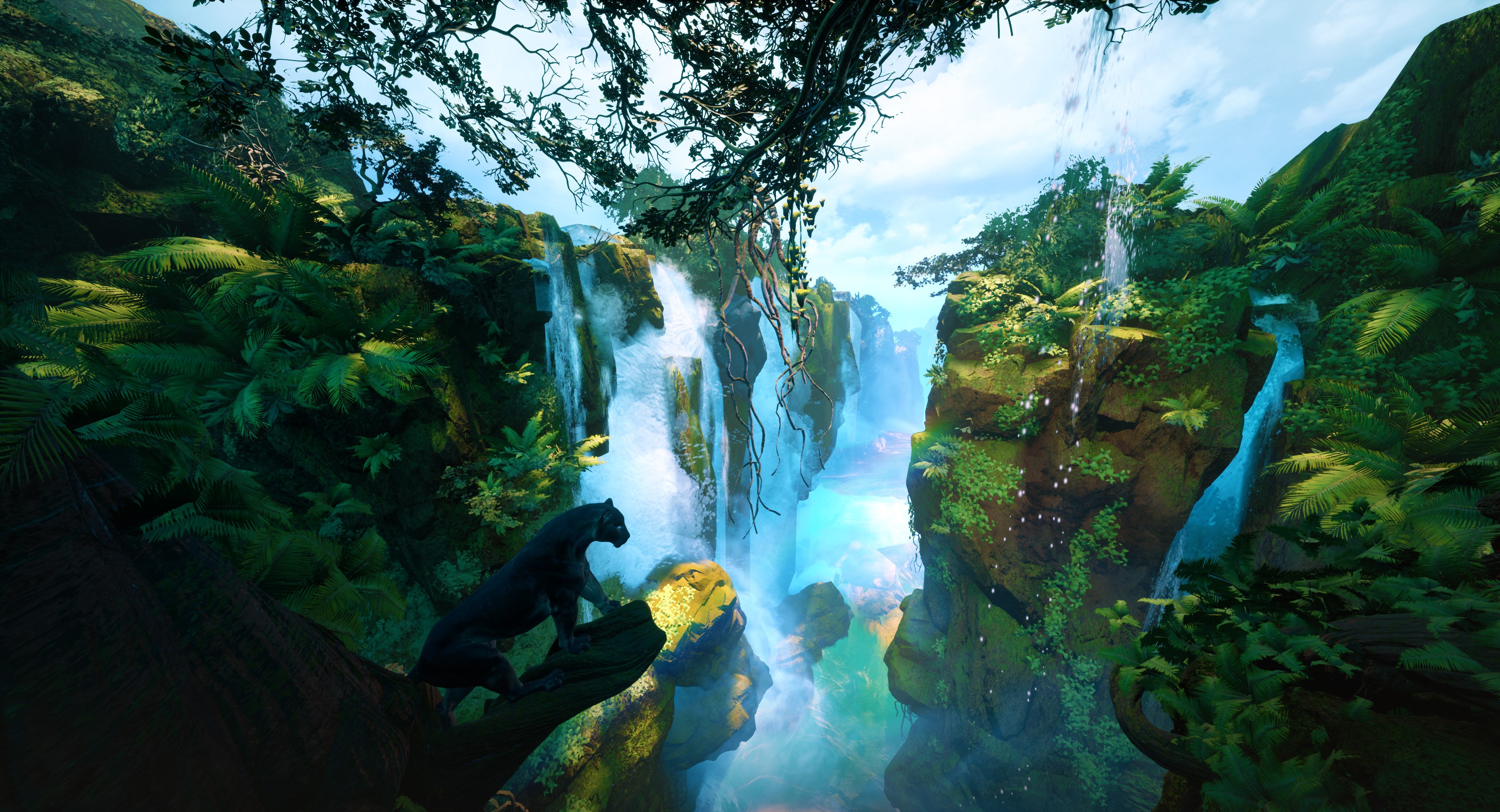 4K, waterfall, pumas, Tyler Smith, jungle, digital art, cats HD Wallpaper