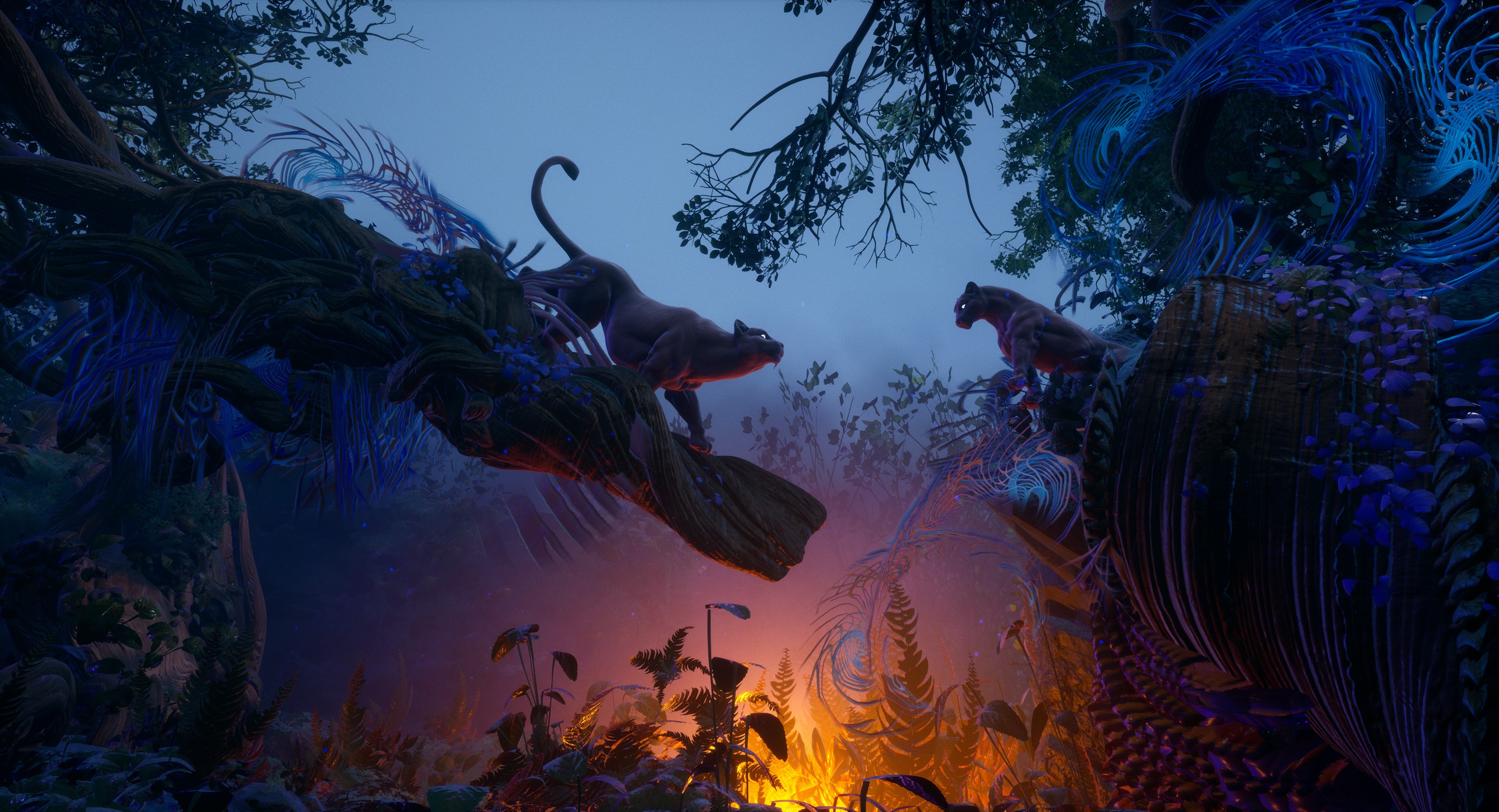 fantasy art, digital art, Tyler Smith, jungle, cats HD Wallpaper