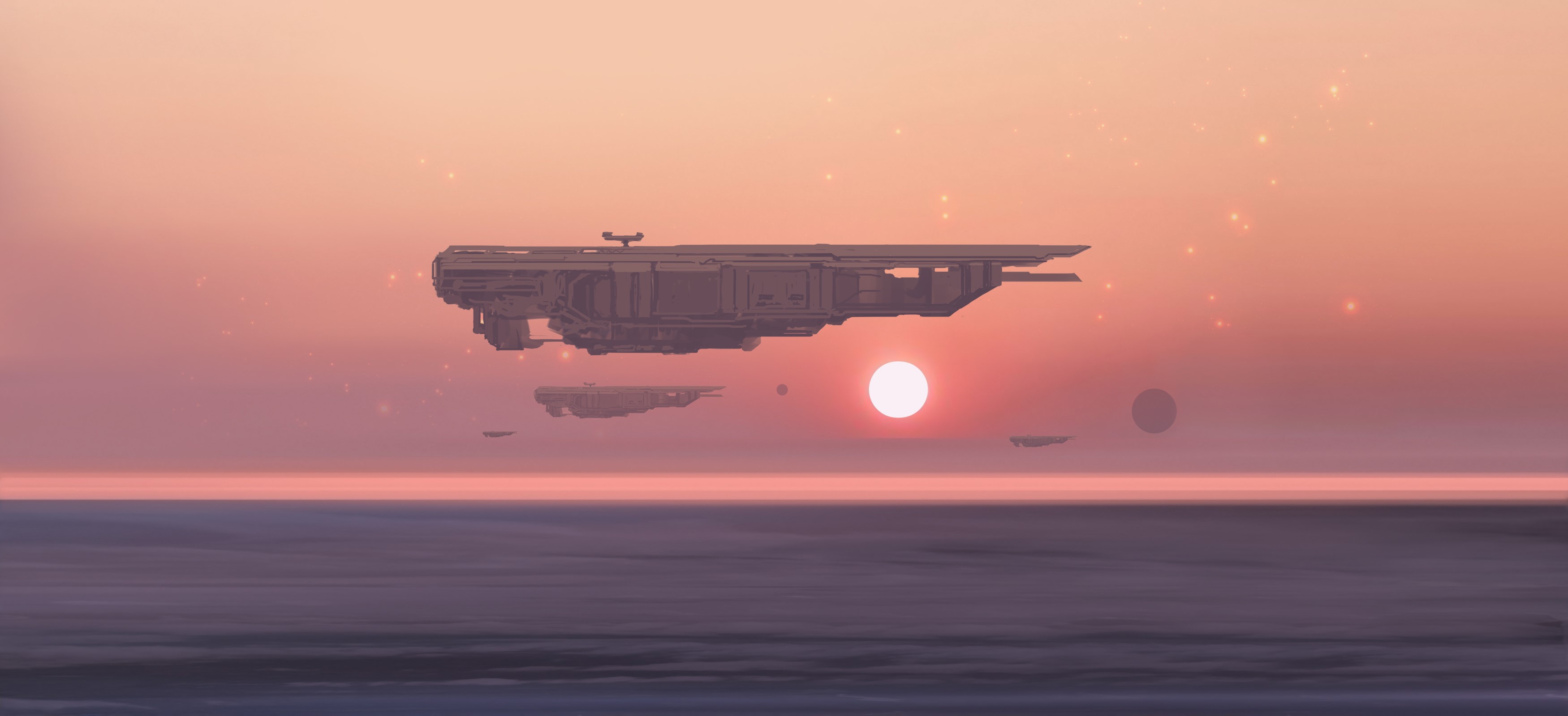 sunset, artwork, futuristic, sky, Sun, science fiction, spaceship, sea, digital art HD Wallpaper
