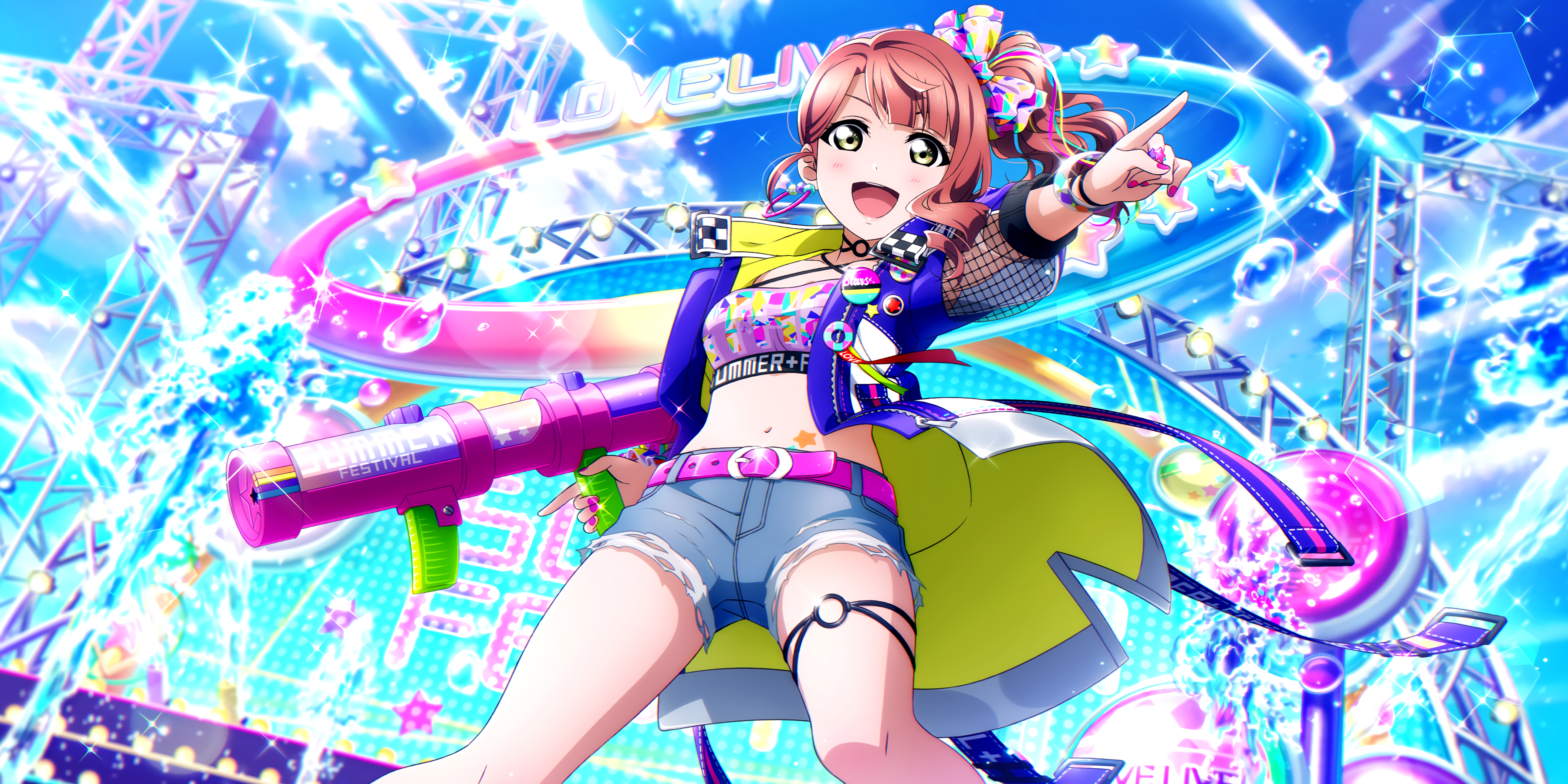 Uehara Ayumu, anime, bare midriff, pink nails, green eyes, Love Live Series, standing, anime girls, Love Live! Sunshine, open mouth, painted nails, redhead, Love Live!, belly, colorful HD Wallpaper